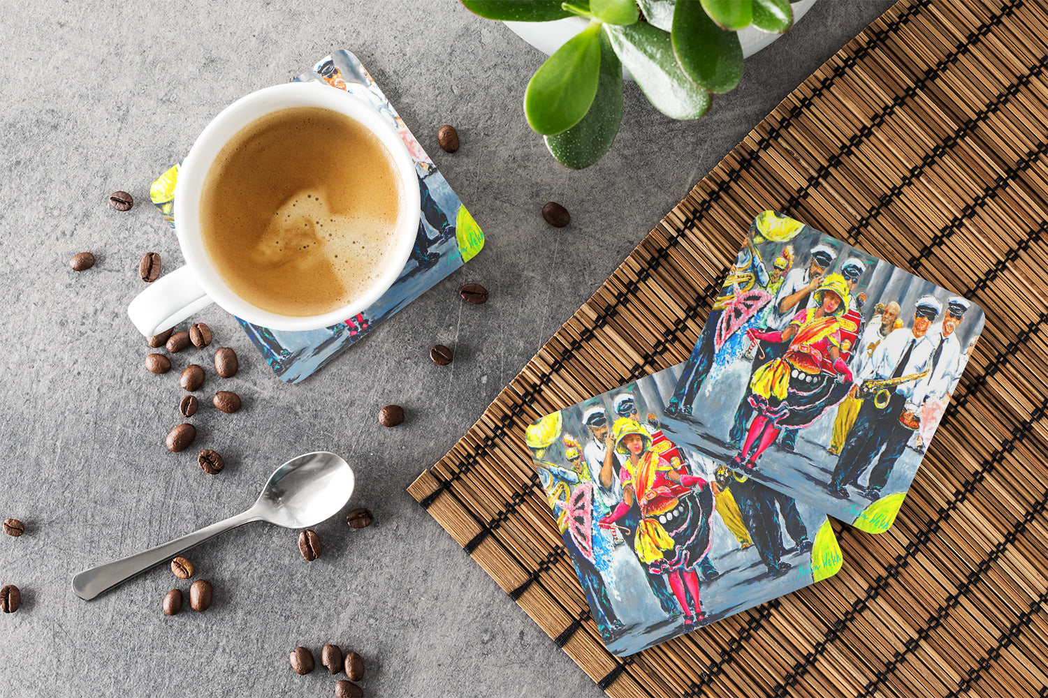 Mardi Gras Dancin' in the Street Foam Coasters Set of 4 Cup Coasters for Indoor Outdoor, Tabletop Protection, Anti Slip, Mouse pad Material