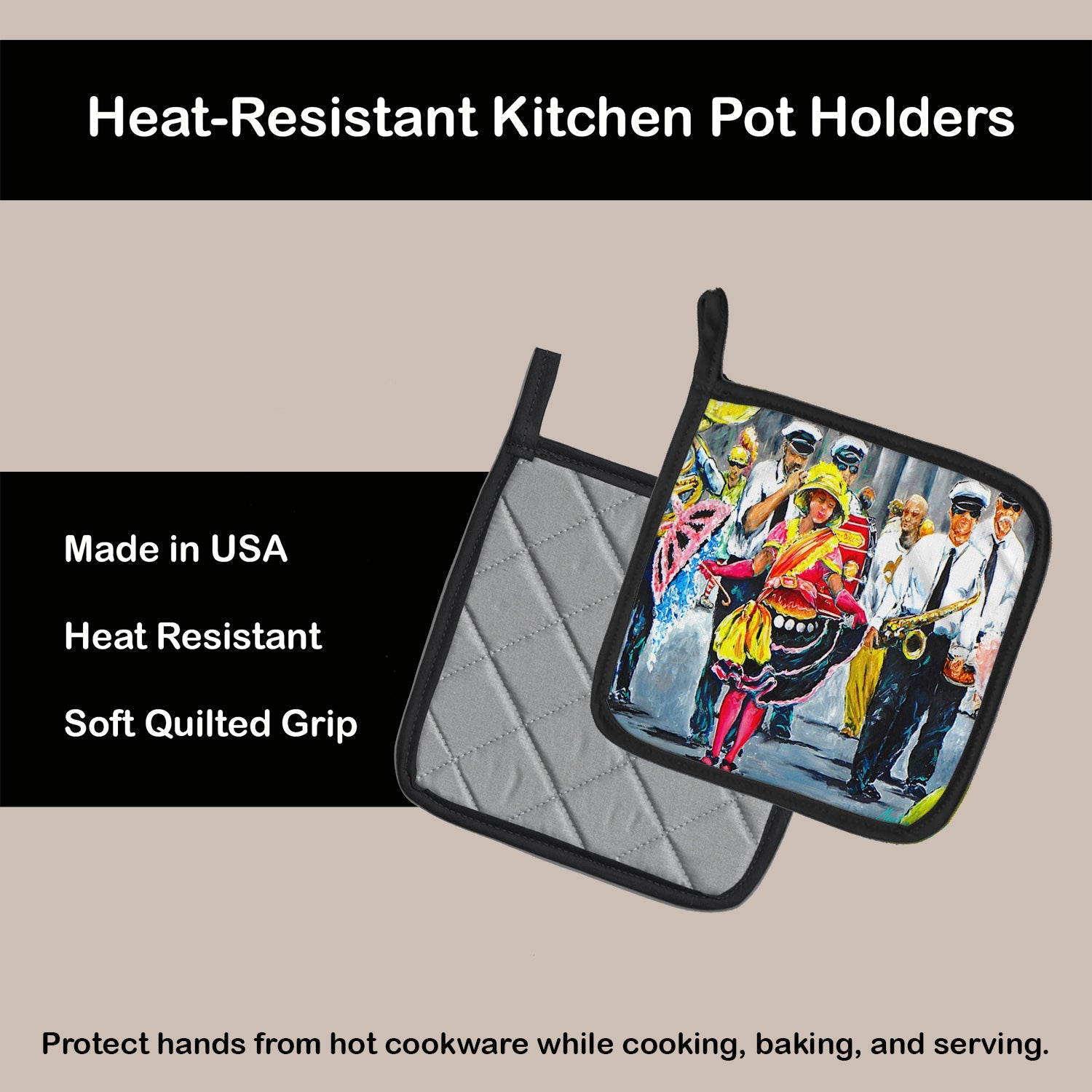 Mardi Gras Dancin' in the Street Pot Holder Set of 2 Heat Resistant Quilted Hot Pads 7.5 x 7.5 Inch, Insulated Kitchen Trivets for Cooking & Baking