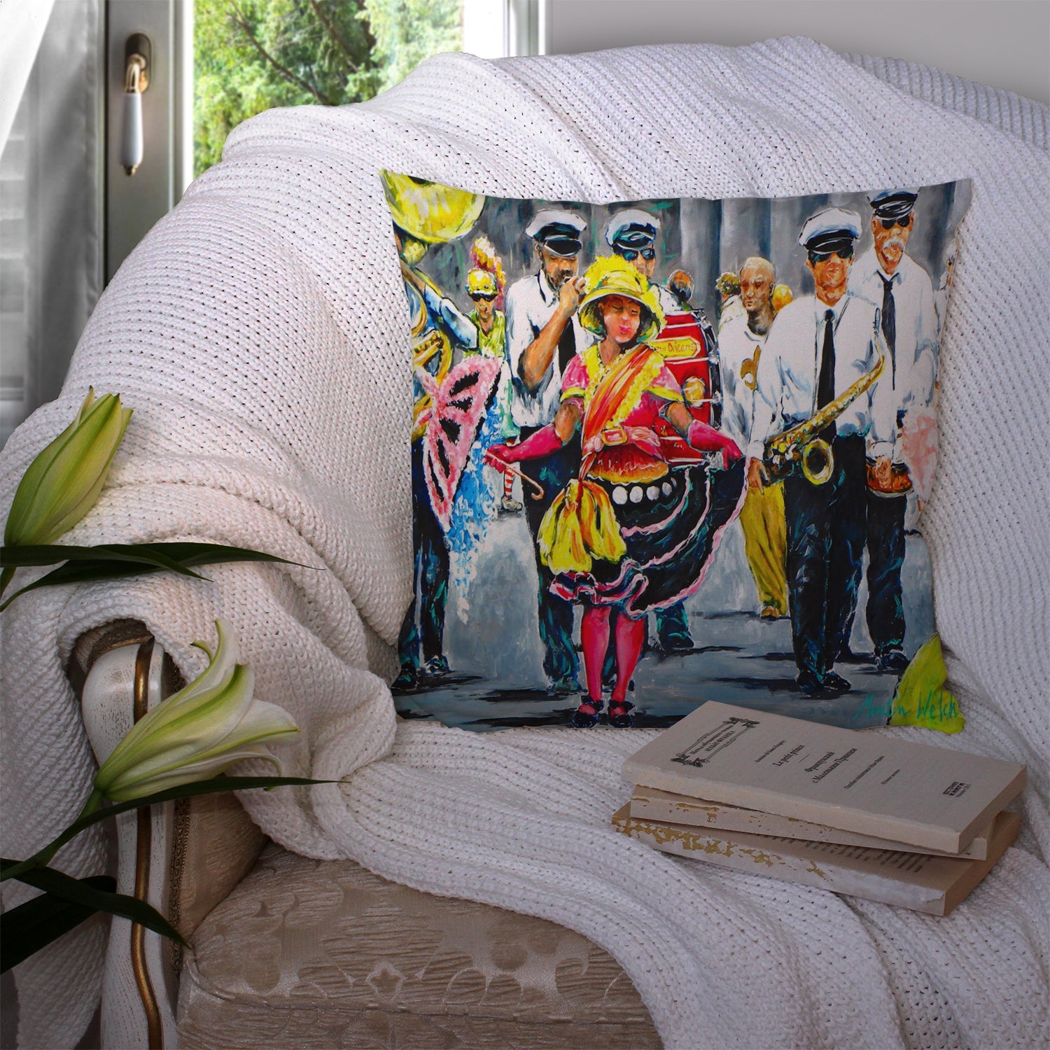 Mardi Gras Dancin' in the Street Decorative Throw Pillow 14x14 Indoor Outdoor Accent Cushion, Fabric Cover with Insert for Sofa, Bed, Porch & Living Room