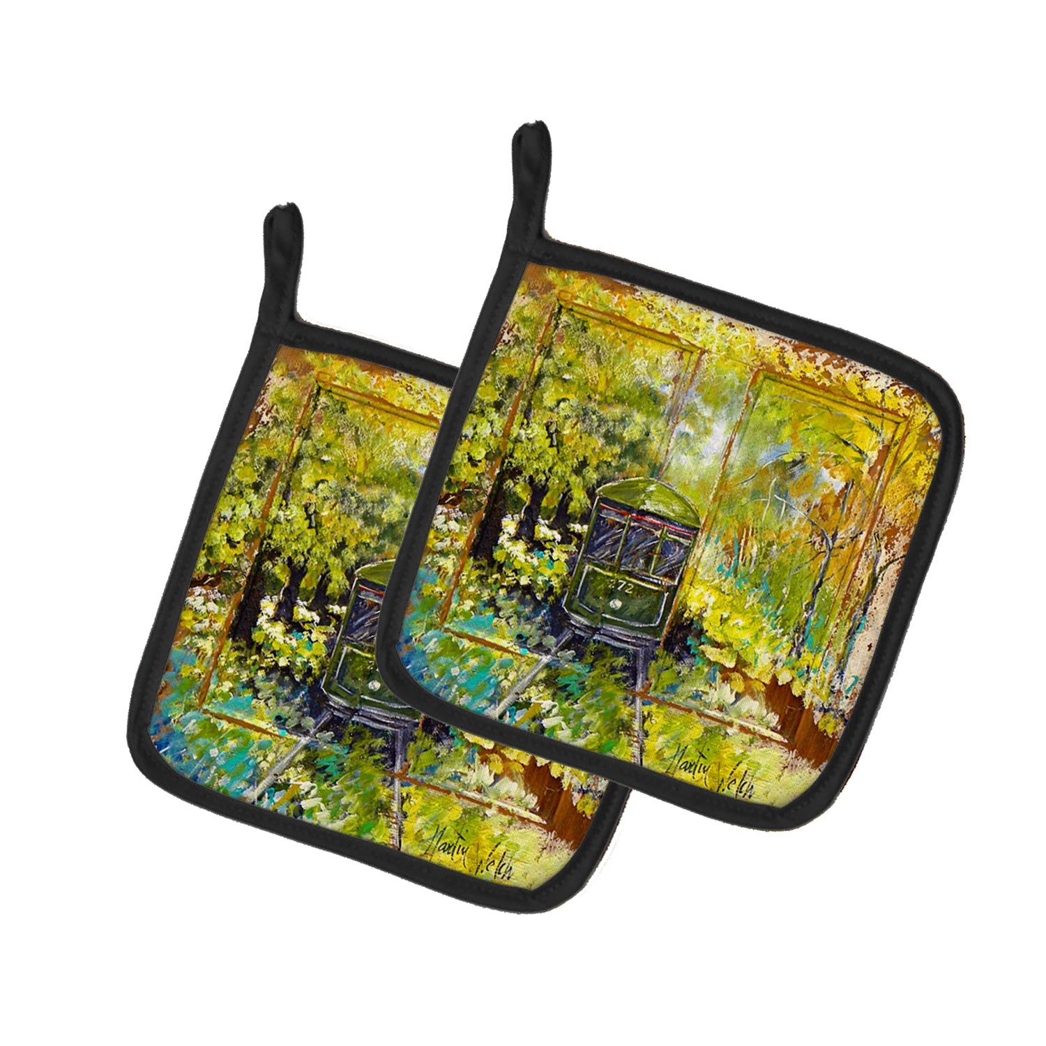 Streetcar End of the Line Pot Holder Set of 2 Heat Resistant Quilted Hot Pads 7.5 x 7.5 Inch, Insulated Kitchen Trivets for Cooking & Baking
