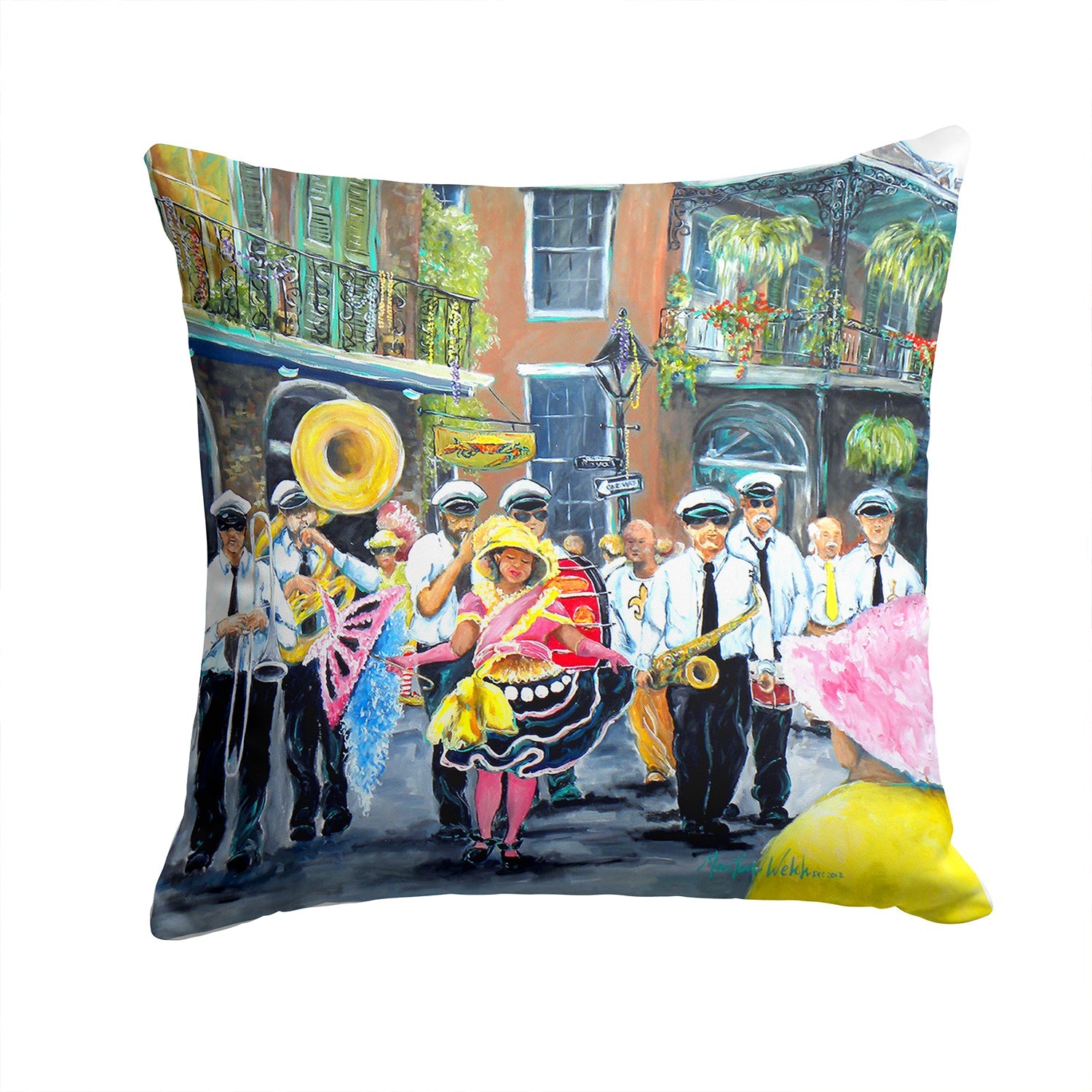 French Quarter Frolic Decorative Throw Pillow 14x14 Indoor Outdoor Accent Cushion, Fabric Cover with Insert for Sofa, Bed, Porch & Living Room