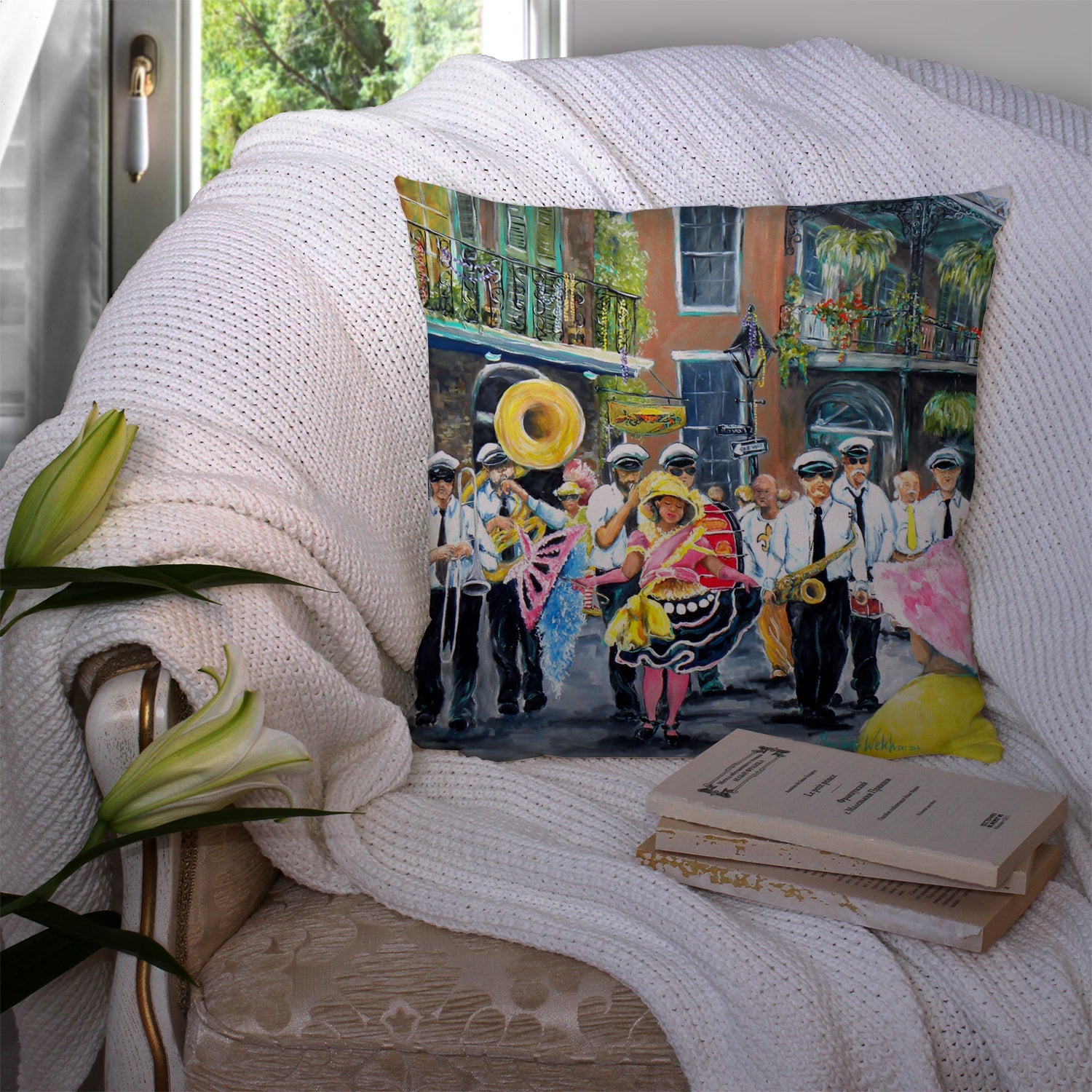French Quarter Frolic Decorative Throw Pillow 14x14 Indoor Outdoor Accent Cushion, Fabric Cover with Insert for Sofa, Bed, Porch & Living Room