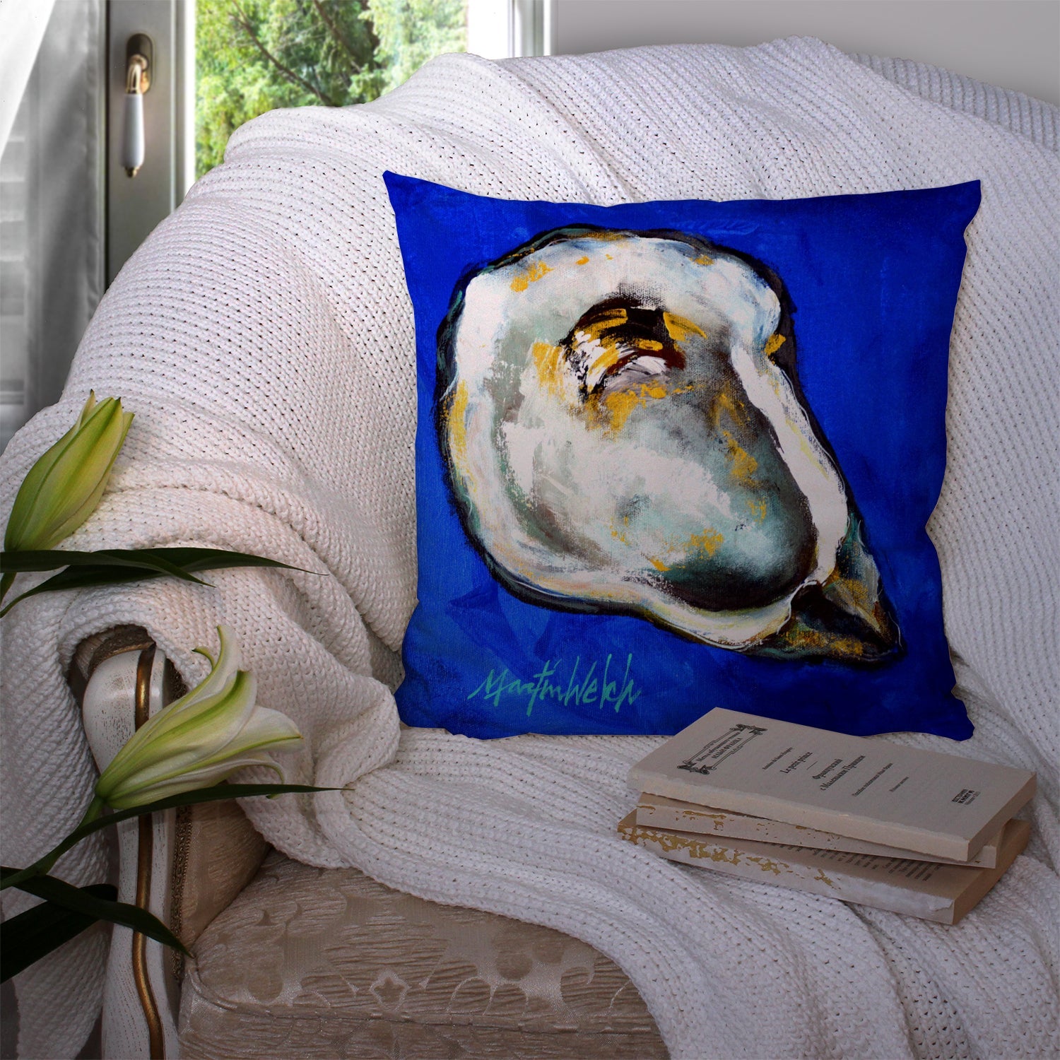 Oyster Gray Shell Decorative Throw Pillow 14x14 Indoor Outdoor Accent Cushion, Fabric Cover with Insert for Sofa, Bed, Porch & Living Room