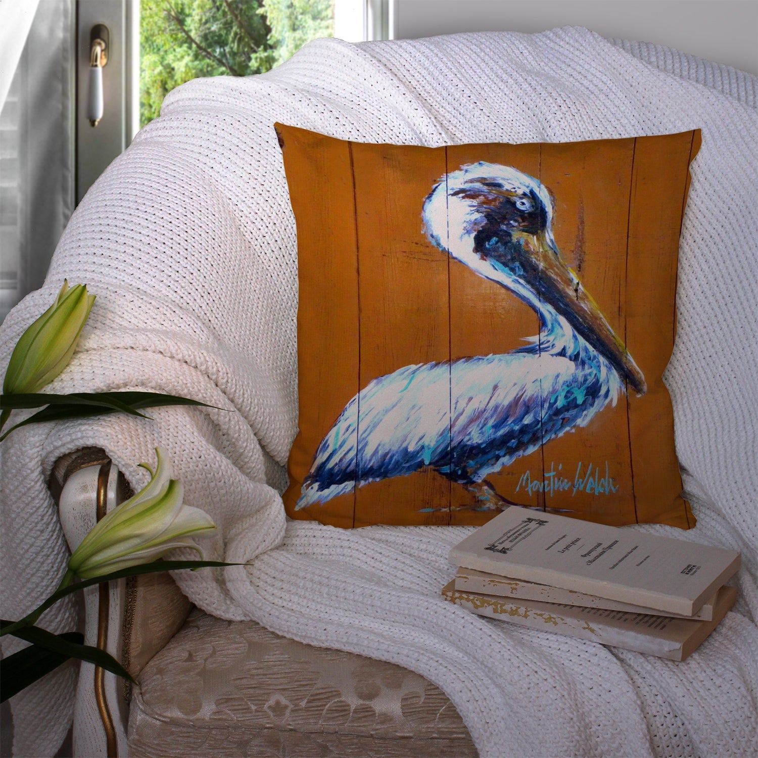 Pelican Hangin In Decorative Throw Pillow 14x14 Indoor Outdoor Accent Cushion, Fabric Cover with Insert for Sofa, Bed, Porch & Living Room