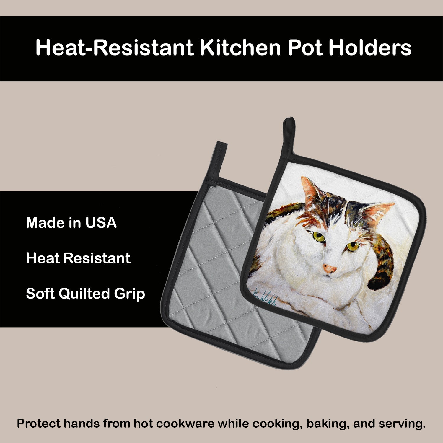 Lanie Cat Pot Holder Set of 2 Heat Resistant Quilted Hot Pads 7.5 x 7.5 Inch, Insulated Kitchen Trivets for Cooking & Baking