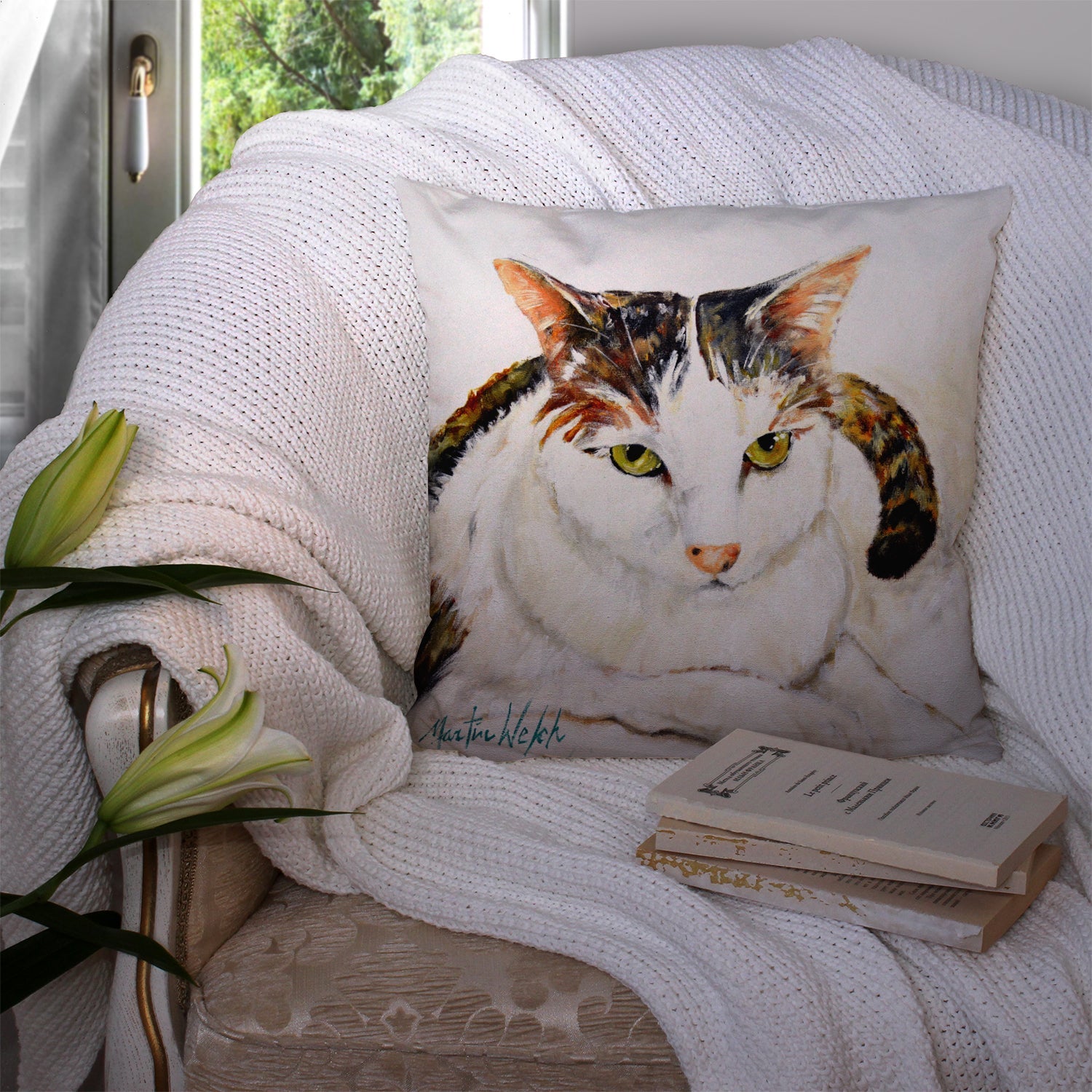 Lanie Cat Decorative Throw Pillow 14x14 Indoor Outdoor Accent Cushion, Fabric Cover with Insert for Sofa, Bed, Porch & Living Room