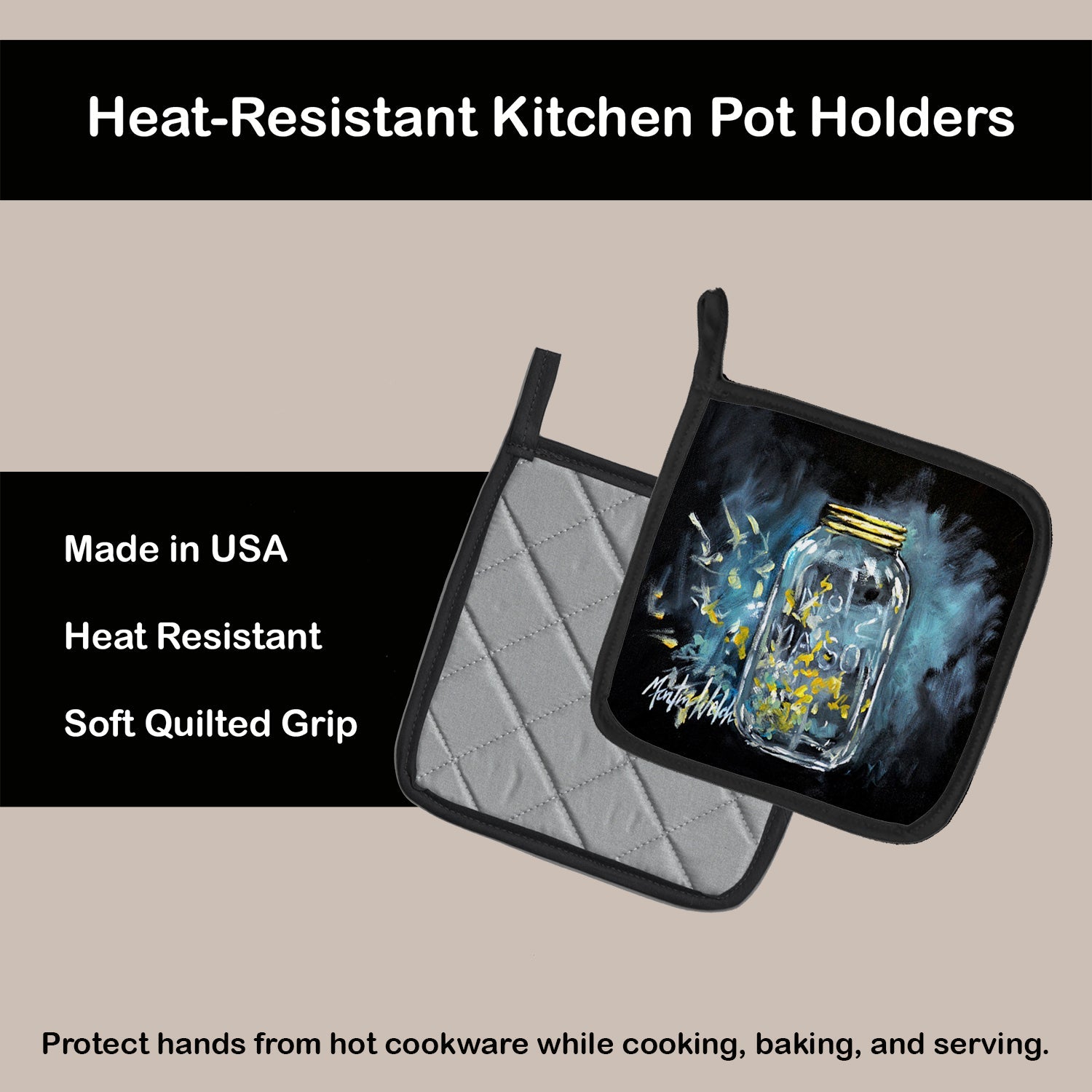 Lightning Bugs Pot Holder Set of 2 Heat Resistant Quilted Hot Pads 7.5 x 7.5 Inch, Insulated Kitchen Trivets for Cooking & Baking
