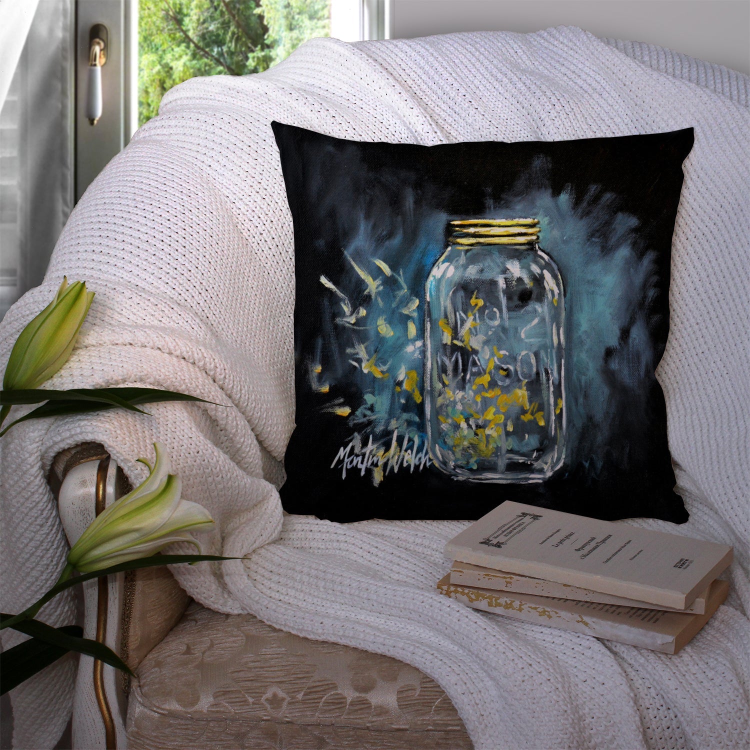 Lightning Bugs Decorative Throw Pillow 14x14 Indoor Outdoor Accent Cushion, Fabric Cover with Insert for Sofa, Bed, Porch & Living Room