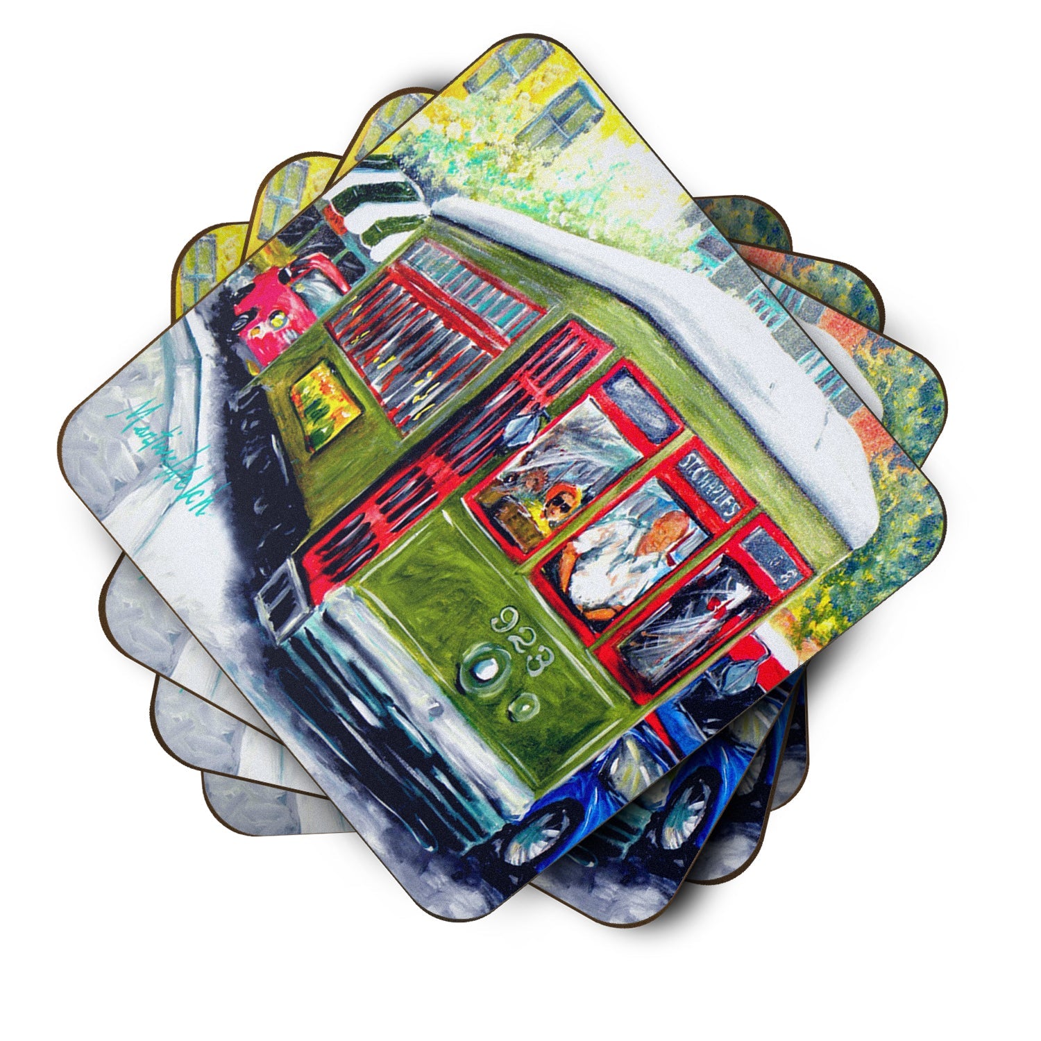 Streetcar Mid Summer Foam Coasters Set of 4 Cup Coasters for Indoor Outdoor, Tabletop Protection, Anti Slip, Mouse pad Material