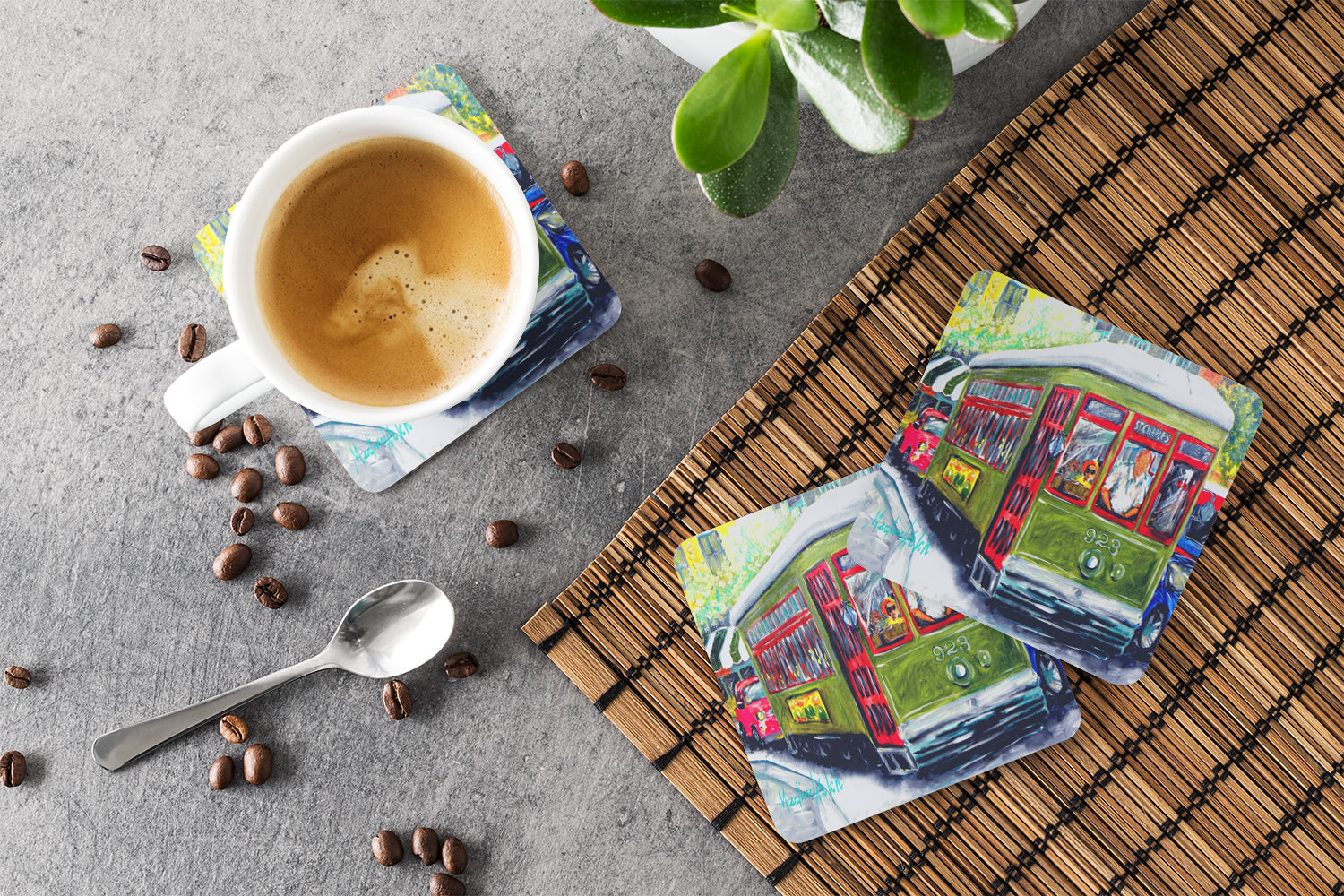 Streetcar Mid Summer Foam Coasters Set of 4 Cup Coasters for Indoor Outdoor, Tabletop Protection, Anti Slip, Mouse pad Material