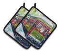 Streetcar Mid Summer Pot Holder Set of 2 Heat Resistant Quilted Hot Pads 7.5 x 7.5 Inch, Insulated Kitchen Trivets for Cooking & Baking