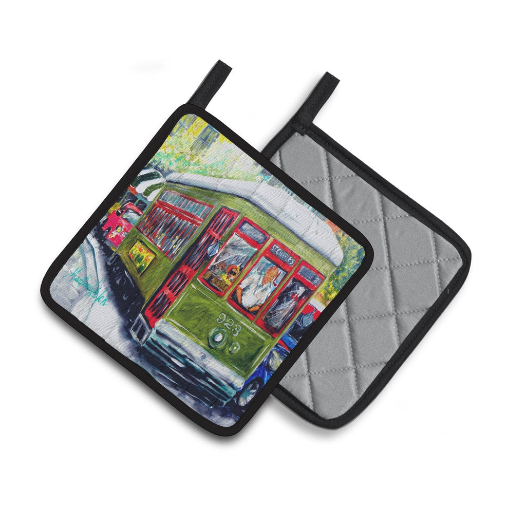 Streetcar Mid Summer Pot Holder Set of 2 Heat Resistant Quilted Hot Pads 7.5 x 7.5 Inch, Insulated Kitchen Trivets for Cooking & Baking