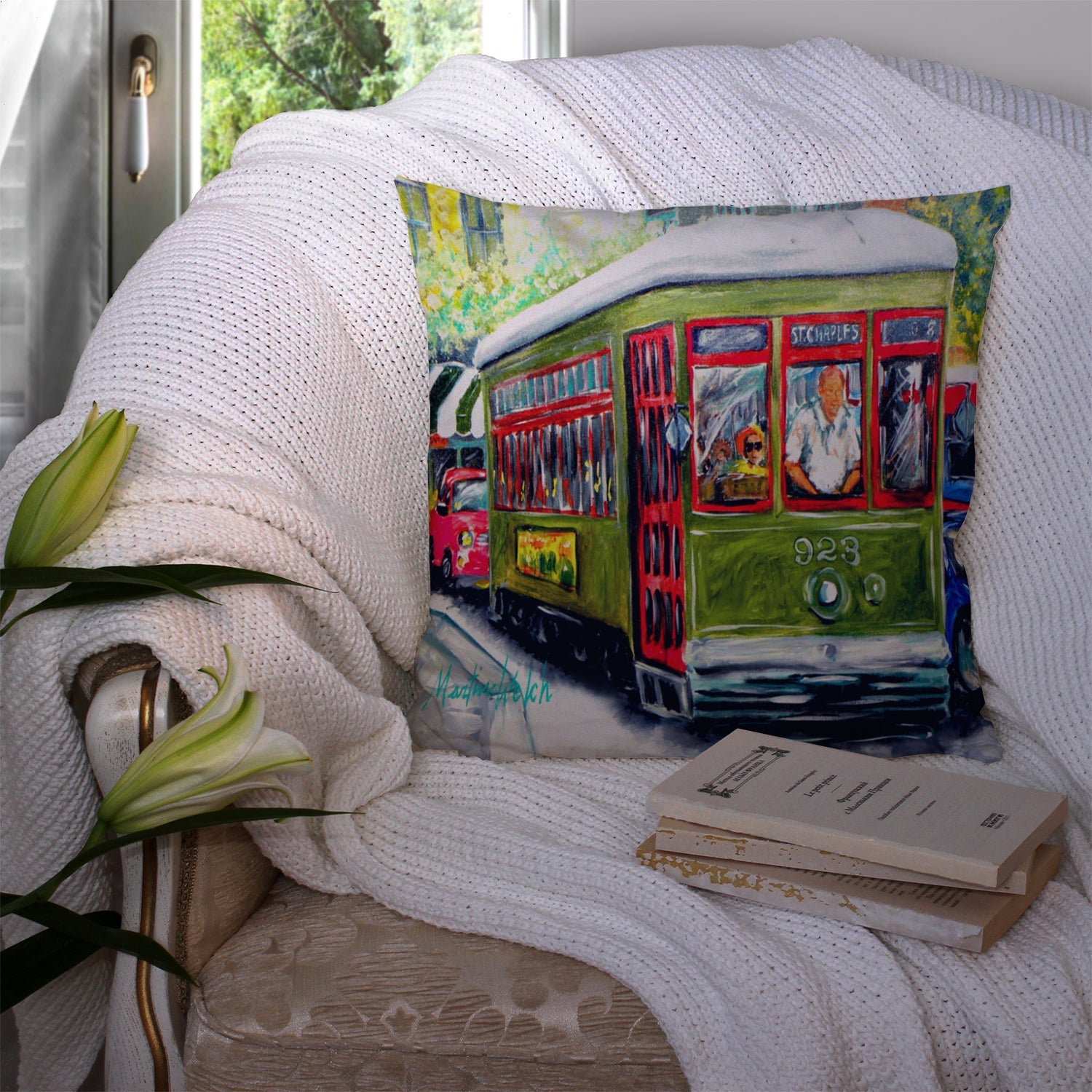 Streetcar Mid Summer Decorative Throw Pillow 14x14 Indoor Outdoor Accent Cushion, Fabric Cover with Insert for Sofa, Bed, Porch & Living Room