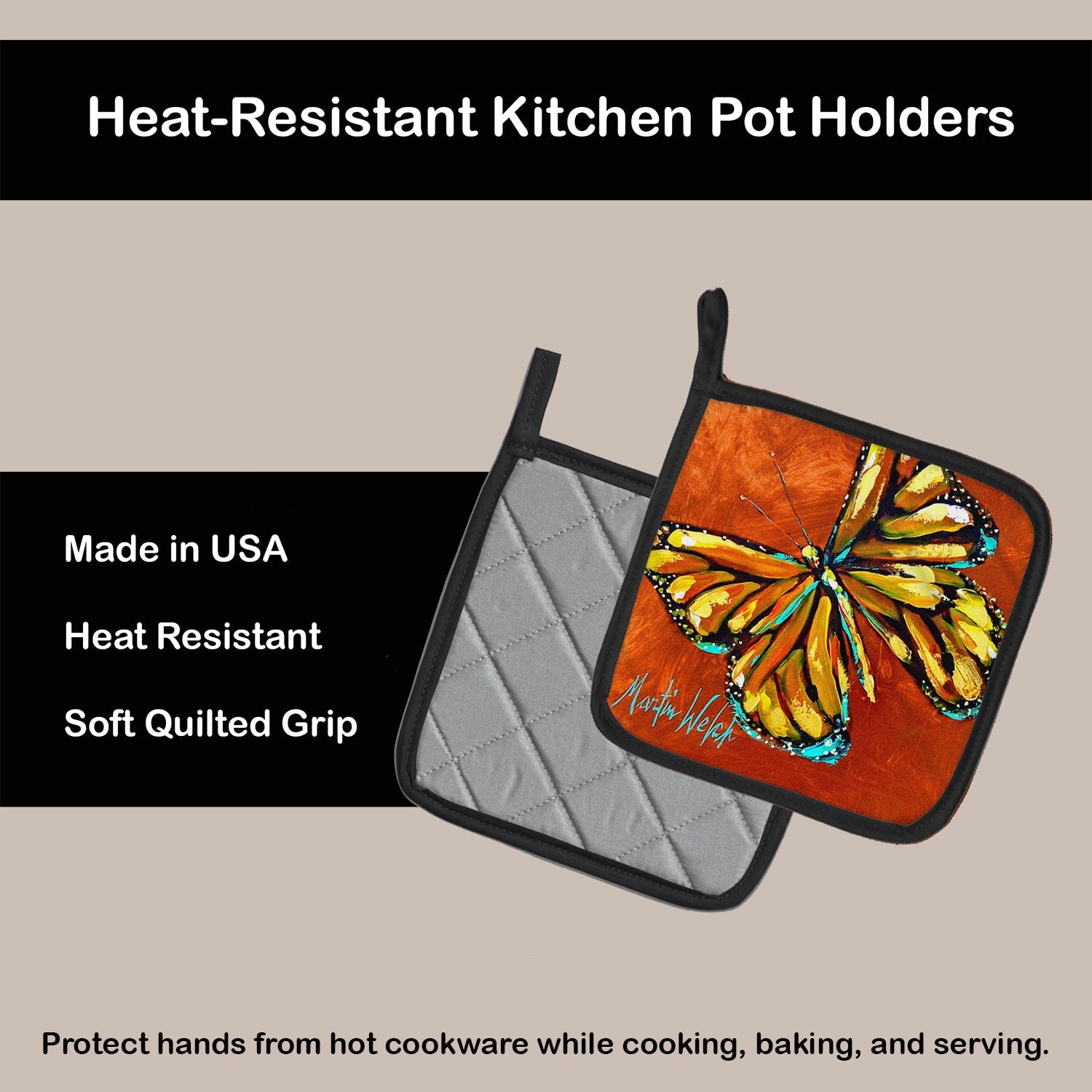 Monarch Butterfly Pot Holder Set of 2 Heat Resistant Quilted Hot Pads 7.5 x 7.5 Inch, Insulated Kitchen Trivets for Cooking & Baking