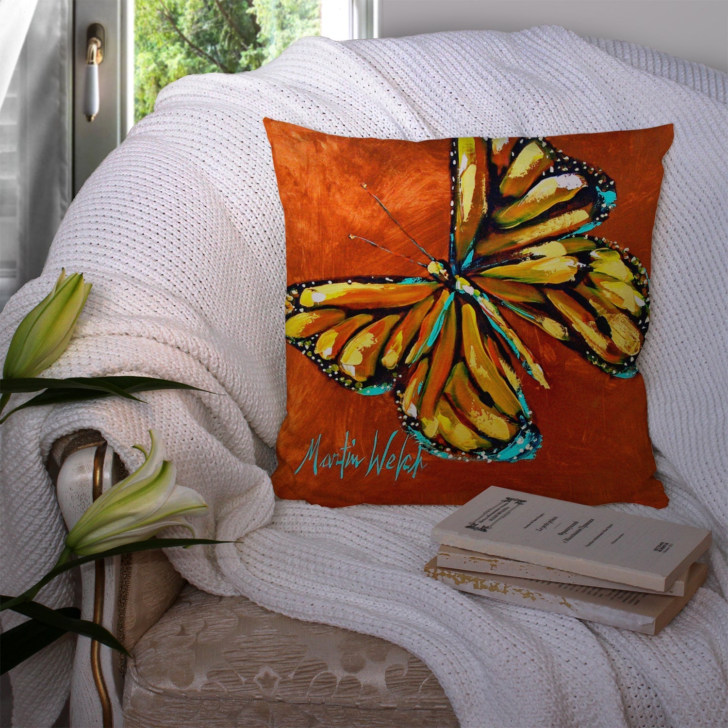 Monarch Butterfly Decorative Throw Pillow 14x14 Indoor Outdoor Accent Cushion, Fabric Cover with Insert for Sofa, Bed, Porch & Living Room