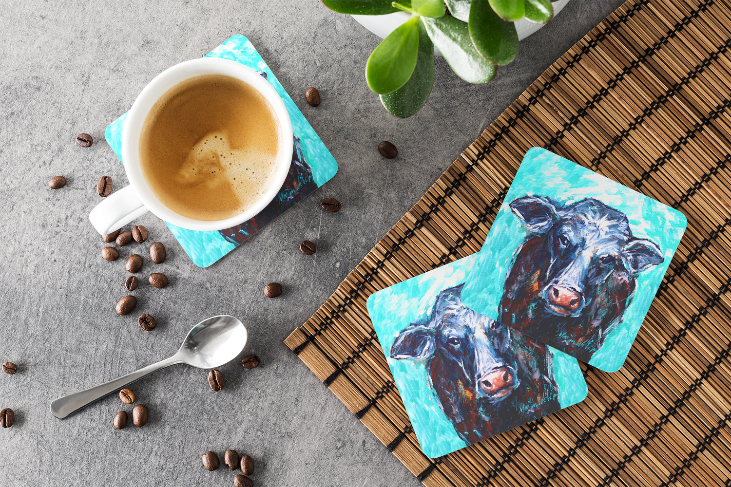 Moo Cow Foam Coasters Set of 4 Cup Coasters for Indoor Outdoor, Tabletop Protection, Anti Slip, Mouse pad Material