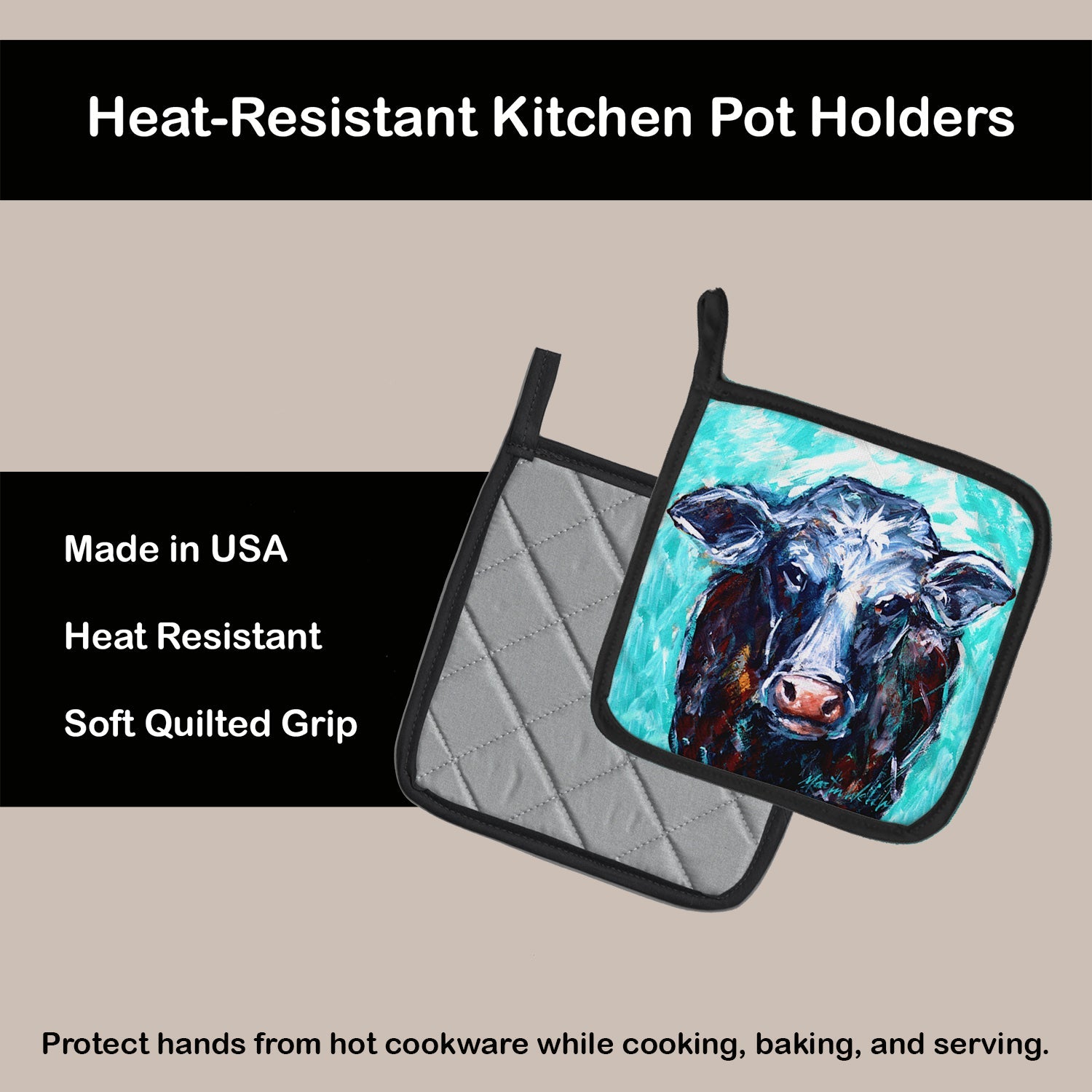 Moo Cow Pot Holder Set of 2 Heat Resistant Quilted Hot Pads 7.5 x 7.5 Inch, Insulated Kitchen Trivets for Cooking & Baking