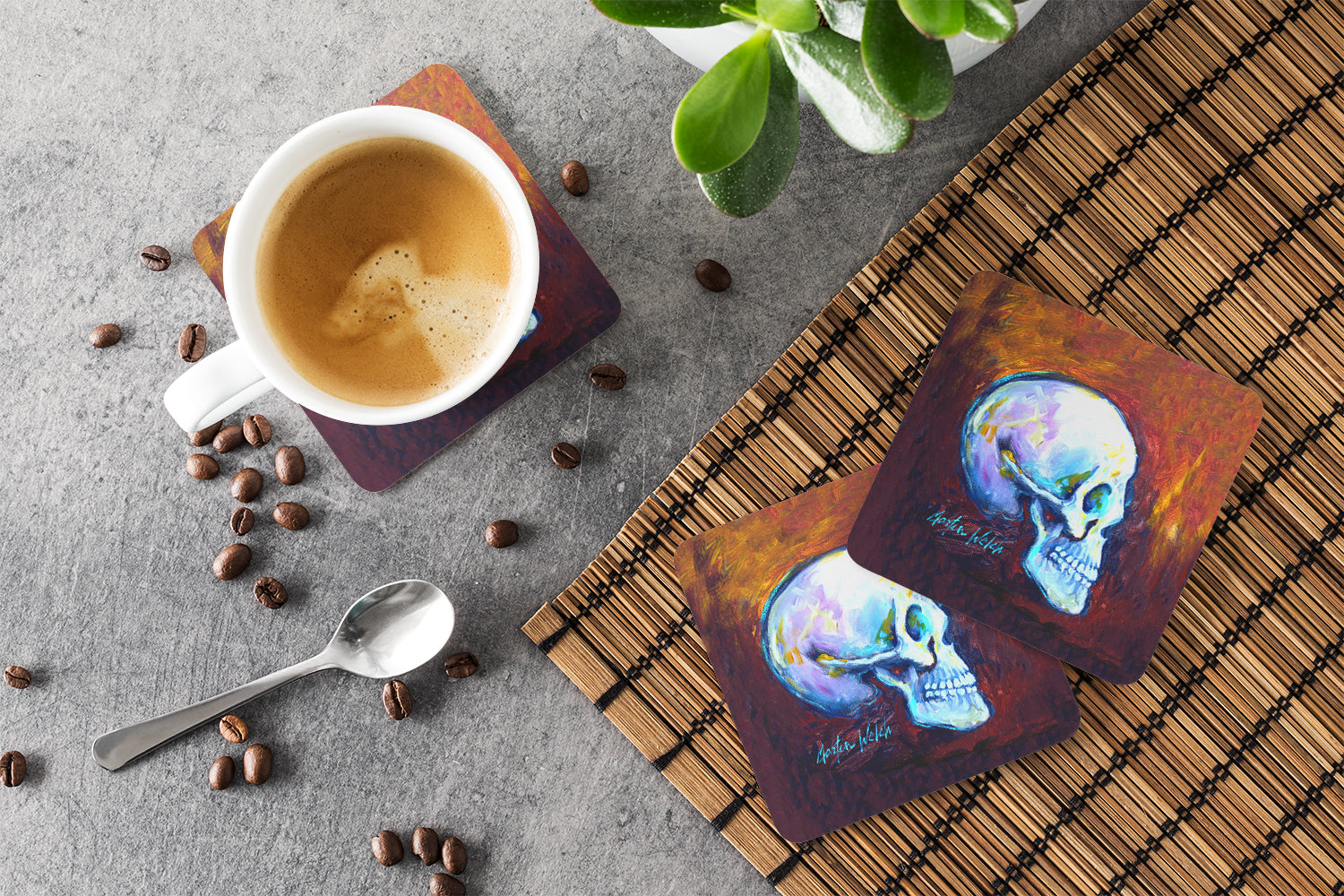 Skeleton My Best Side Foam Coasters Set of 4 Cup Coasters for Indoor Outdoor, Tabletop Protection, Anti Slip, Mouse pad Material