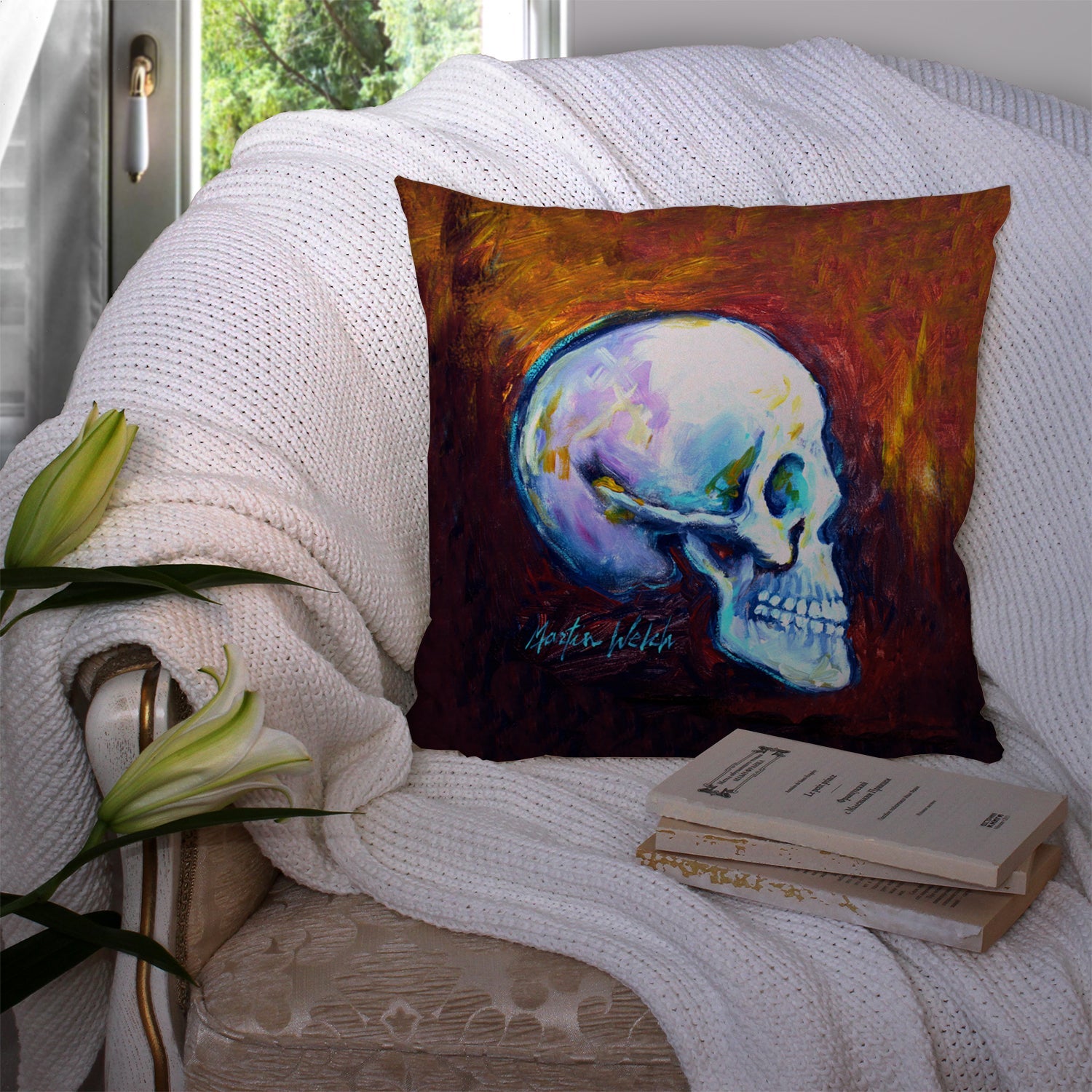 Skeleton My Best Side Decorative Throw Pillow 14x14 Indoor Outdoor Accent Cushion, Fabric Cover with Insert for Sofa, Bed, Porch & Living Room