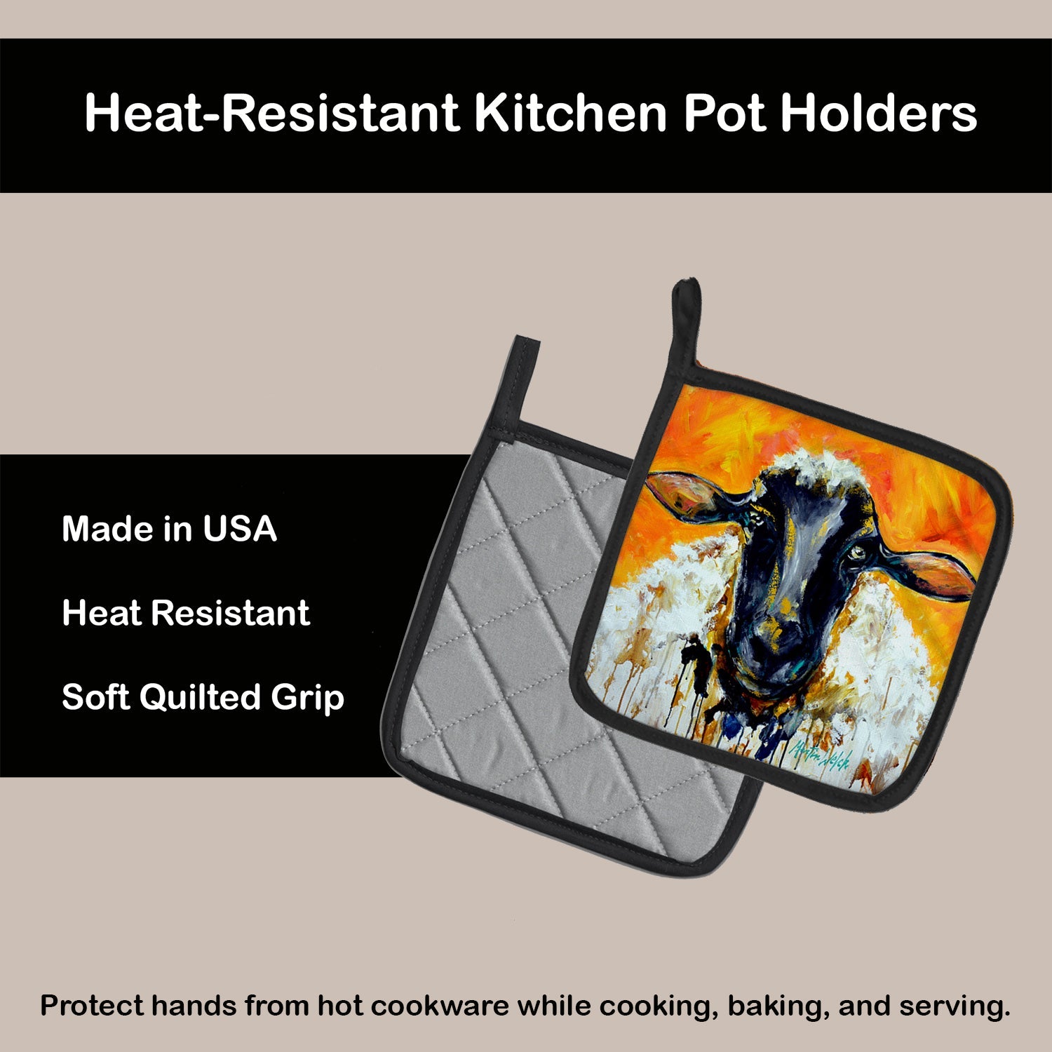 Peach Wool Sheep Pot Holder Set of 2 Heat Resistant Quilted Hot Pads 7.5 x 7.5 Inch, Insulated Kitchen Trivets for Cooking & Baking