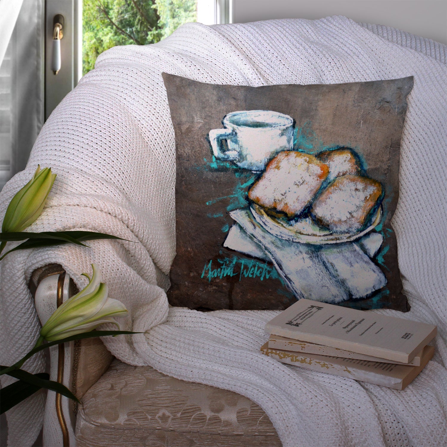 Beignets Piping Hot Decorative Throw Pillow 14x14 Indoor Outdoor Accent Cushion, Fabric Cover with Insert for Sofa, Bed, Porch & Living Room