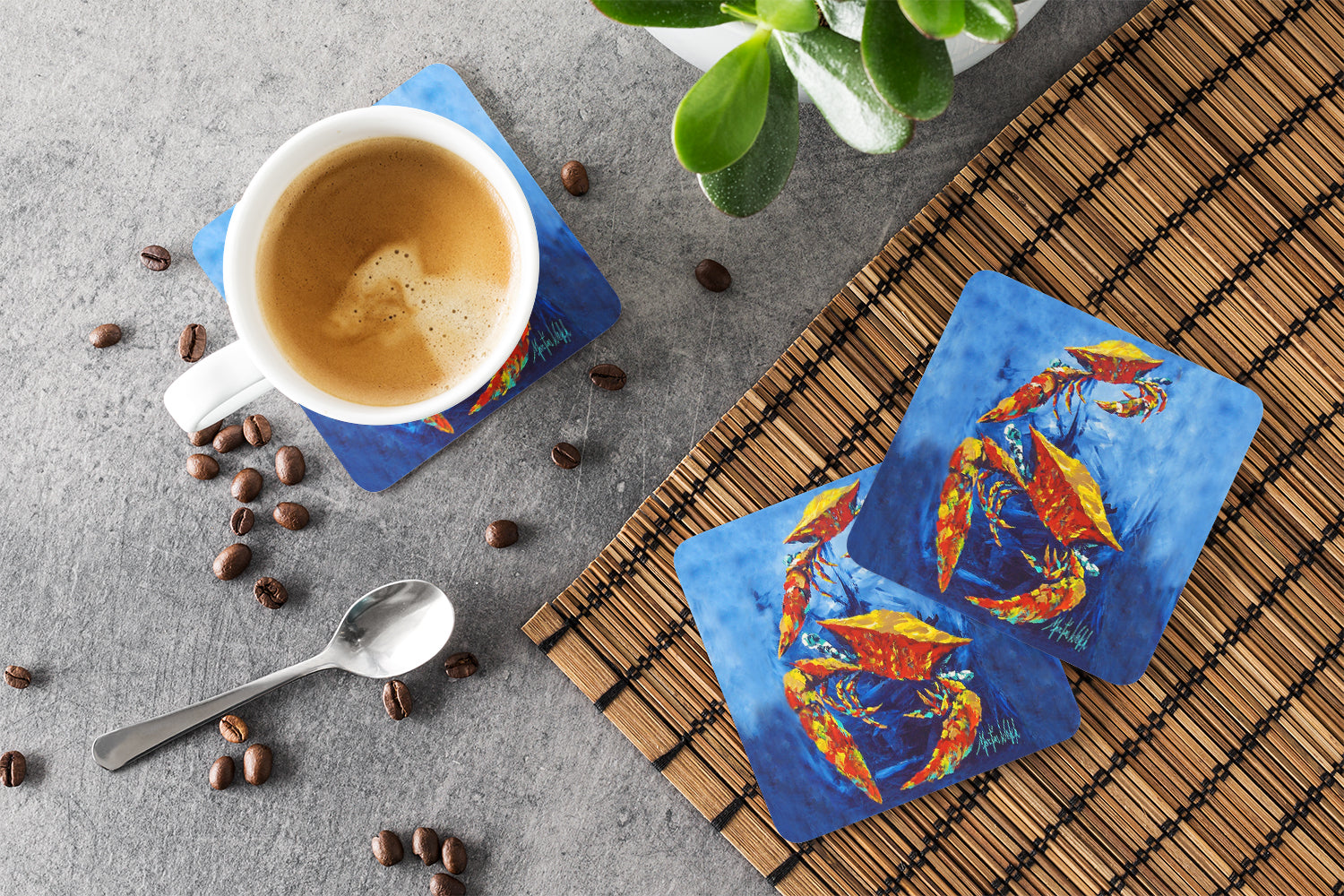 Crab Puddle O' Two Foam Coasters Set of 4 Cup Coasters for Indoor Outdoor, Tabletop Protection, Anti Slip, Mouse pad Material