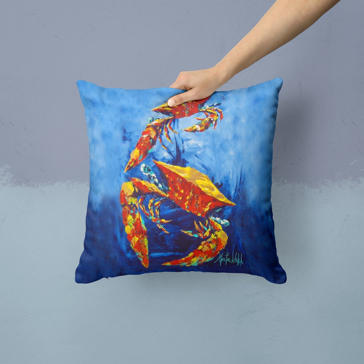 Crab Puddle O' Two Decorative Throw Pillow 14x14 Indoor Outdoor Accent Cushion, Fabric Cover with Insert for Sofa, Bed, Porch & Living Room
