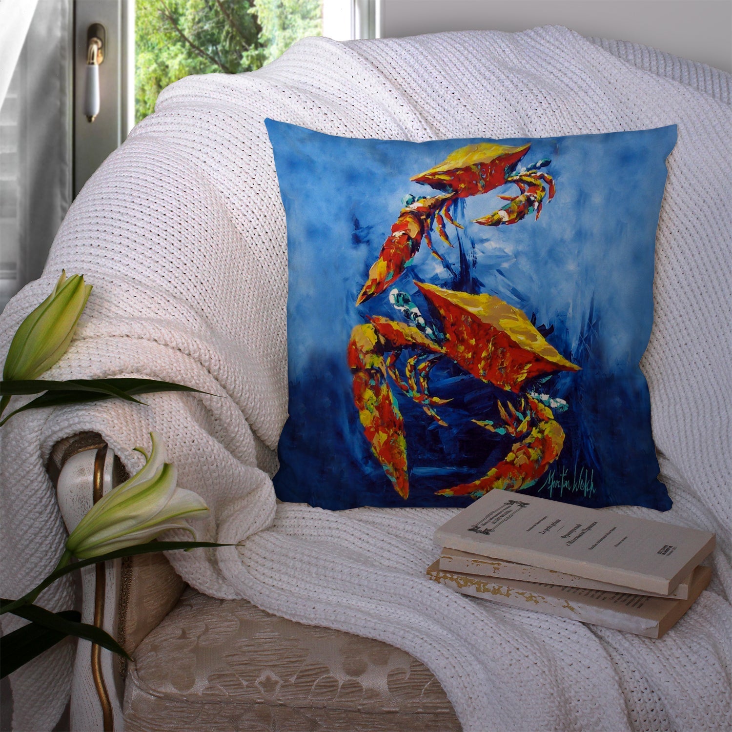 Crab Puddle O' Two Decorative Throw Pillow 14x14 Indoor Outdoor Accent Cushion, Fabric Cover with Insert for Sofa, Bed, Porch & Living Room