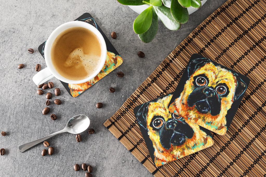 Pug It Out Foam Coasters Set of 4 Cup Coasters for Indoor Outdoor, Tabletop Protection, Anti Slip, Mouse pad Material