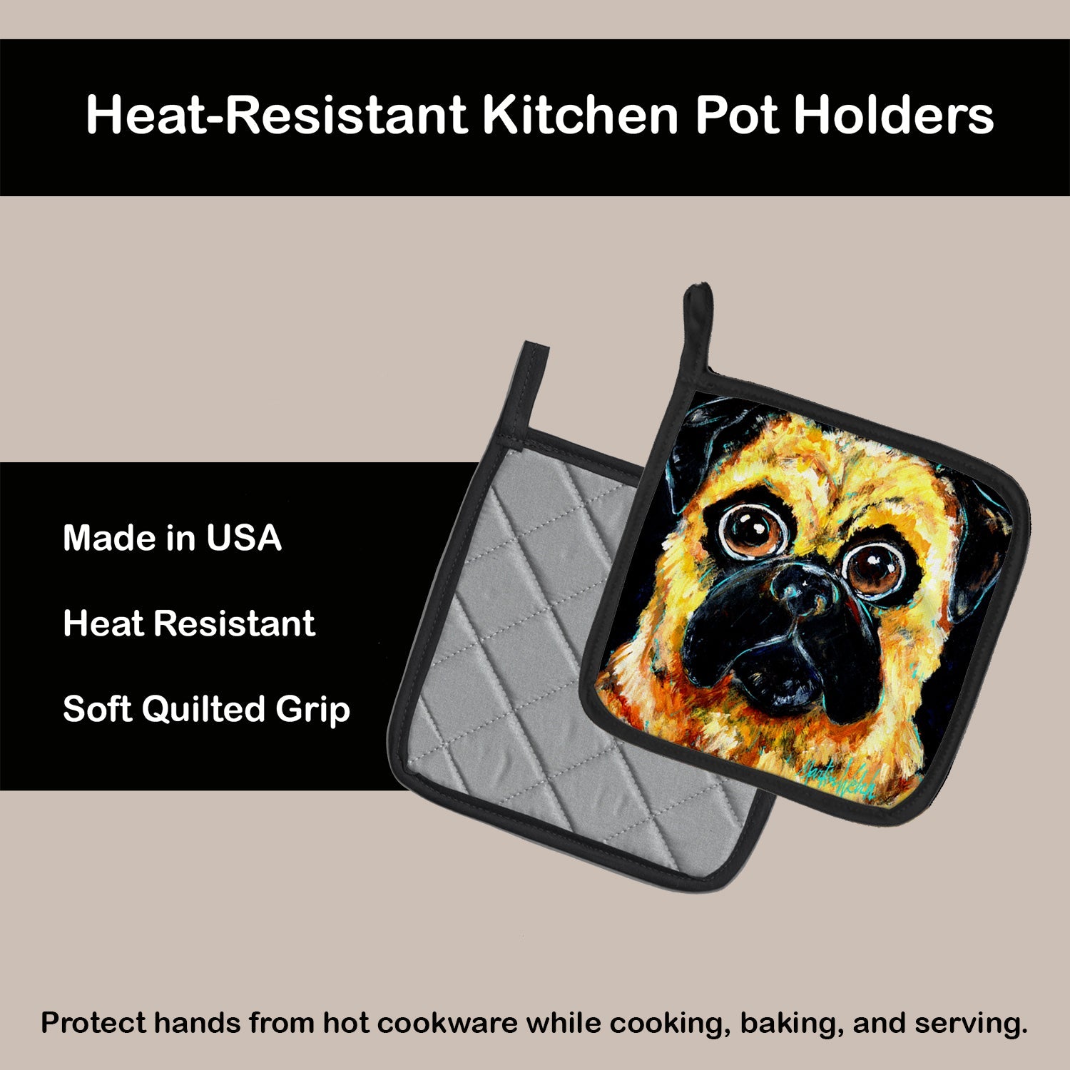 Pug It Out Pot Holder Set of 2 Heat Resistant Quilted Hot Pads 7.5 x 7.5 Inch, Insulated Kitchen Trivets for Cooking & Baking