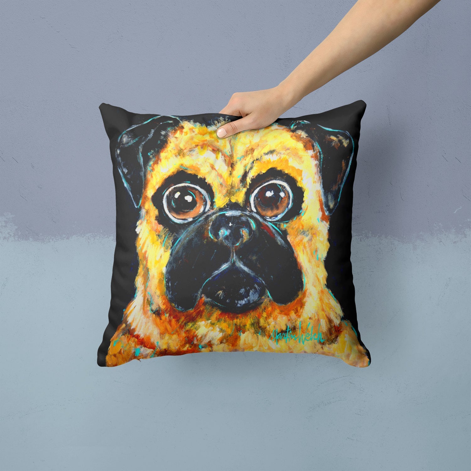 Pug It Out Decorative Throw Pillow 14x14 Indoor Outdoor Accent Cushion, Fabric Cover with Insert for Sofa, Bed, Porch & Living Room