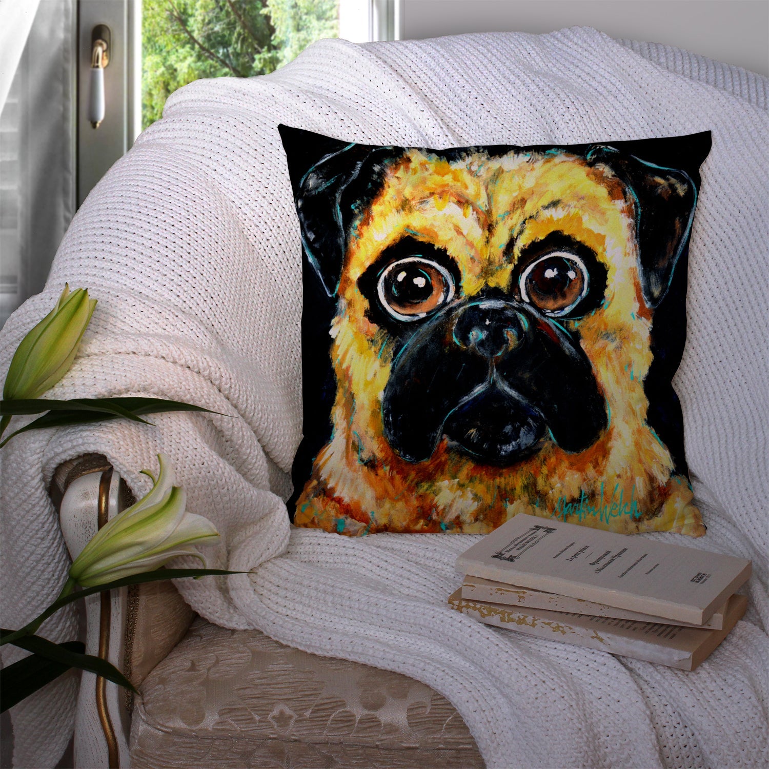 Pug It Out Decorative Throw Pillow 14x14 Indoor Outdoor Accent Cushion, Fabric Cover with Insert for Sofa, Bed, Porch & Living Room