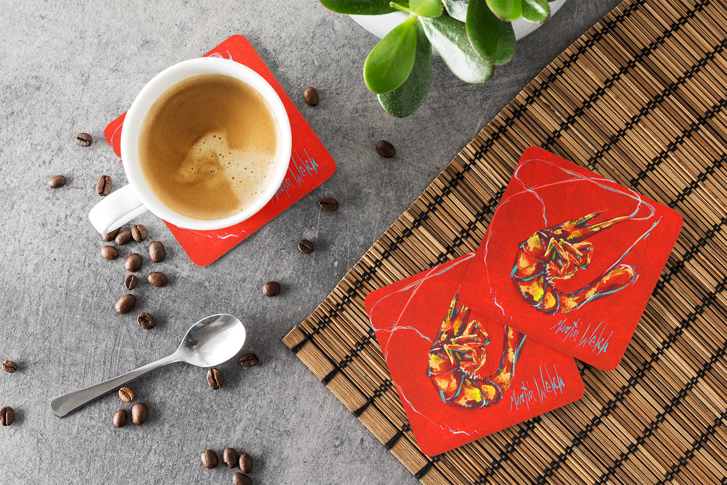 Red Shrimp Foam Coasters Set of 4 Cup Coasters for Indoor Outdoor, Tabletop Protection, Anti Slip, Mouse pad Material