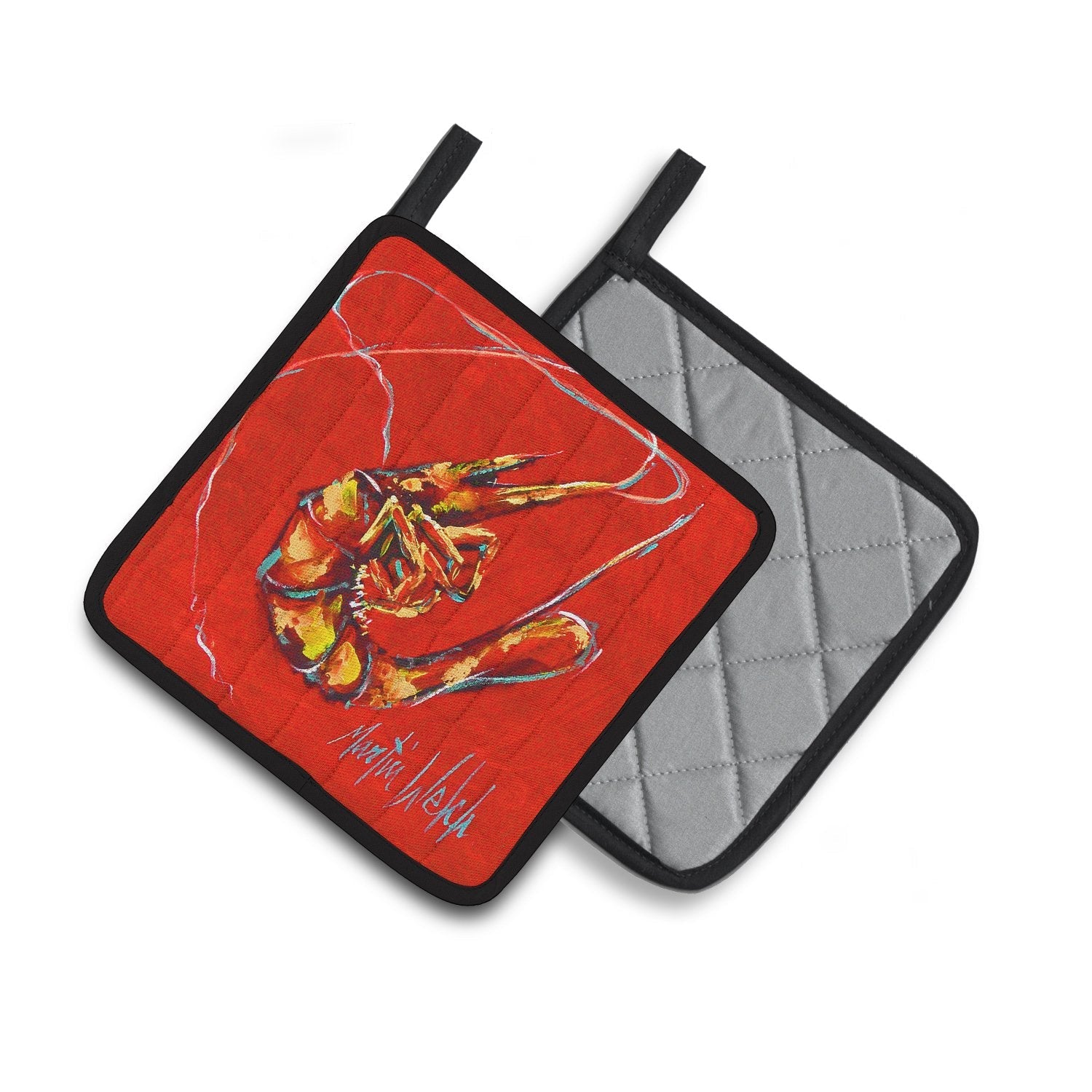 Red Shrimp Pot Holder Set of 2 Heat Resistant Quilted Hot Pads 7.5 x 7.5 Inch, Insulated Kitchen Trivets for Cooking & Baking
