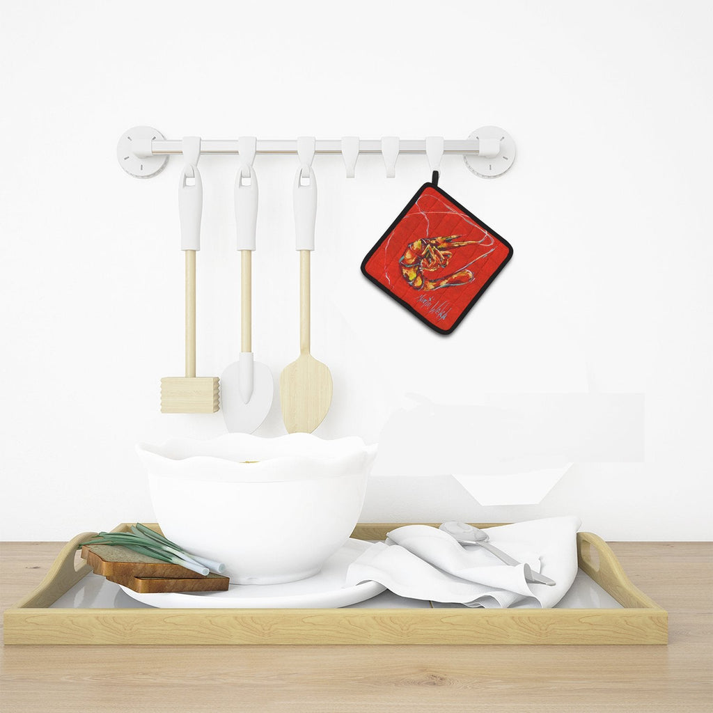 Red Shrimp Pot Holder Set of 2 Heat Resistant Quilted Hot Pads 7.5 x 7.5 Inch, Insulated Kitchen Trivets for Cooking & Baking