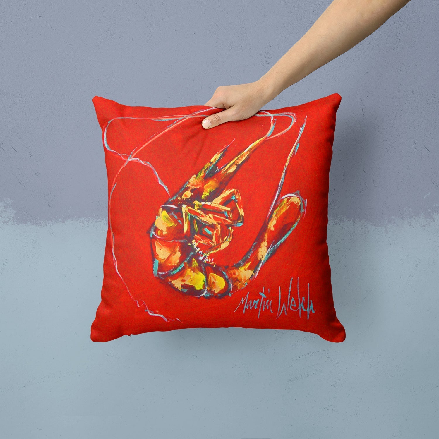Red Shrimp Decorative Throw Pillow 14x14 Indoor Outdoor Accent Cushion, Fabric Cover with Insert for Sofa, Bed, Porch & Living Room