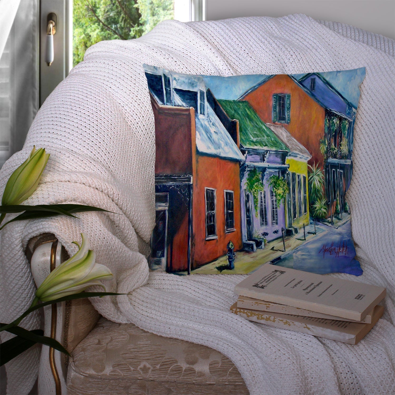 Somewhere Close Houses Decorative Throw Pillow 14x14 Indoor Outdoor Accent Cushion, Fabric Cover with Insert for Sofa, Bed, Porch & Living Room