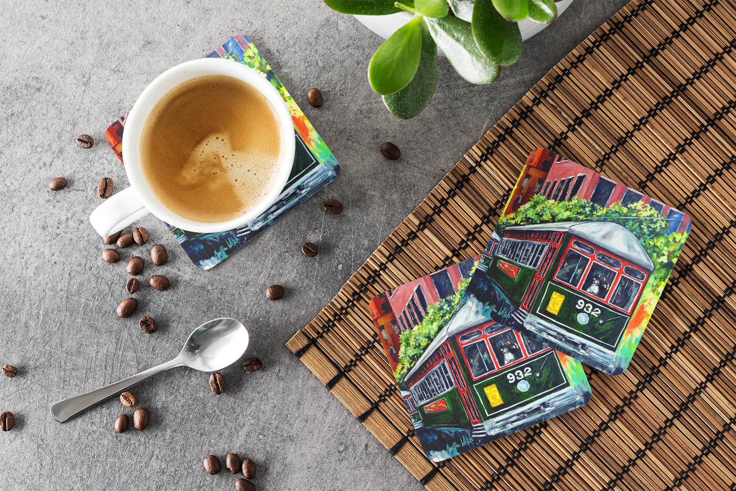 Streetcar St. Charles #2 Foam Coasters Set of 4 Cup Coasters for Indoor Outdoor, Tabletop Protection, Anti Slip, Mouse pad Material