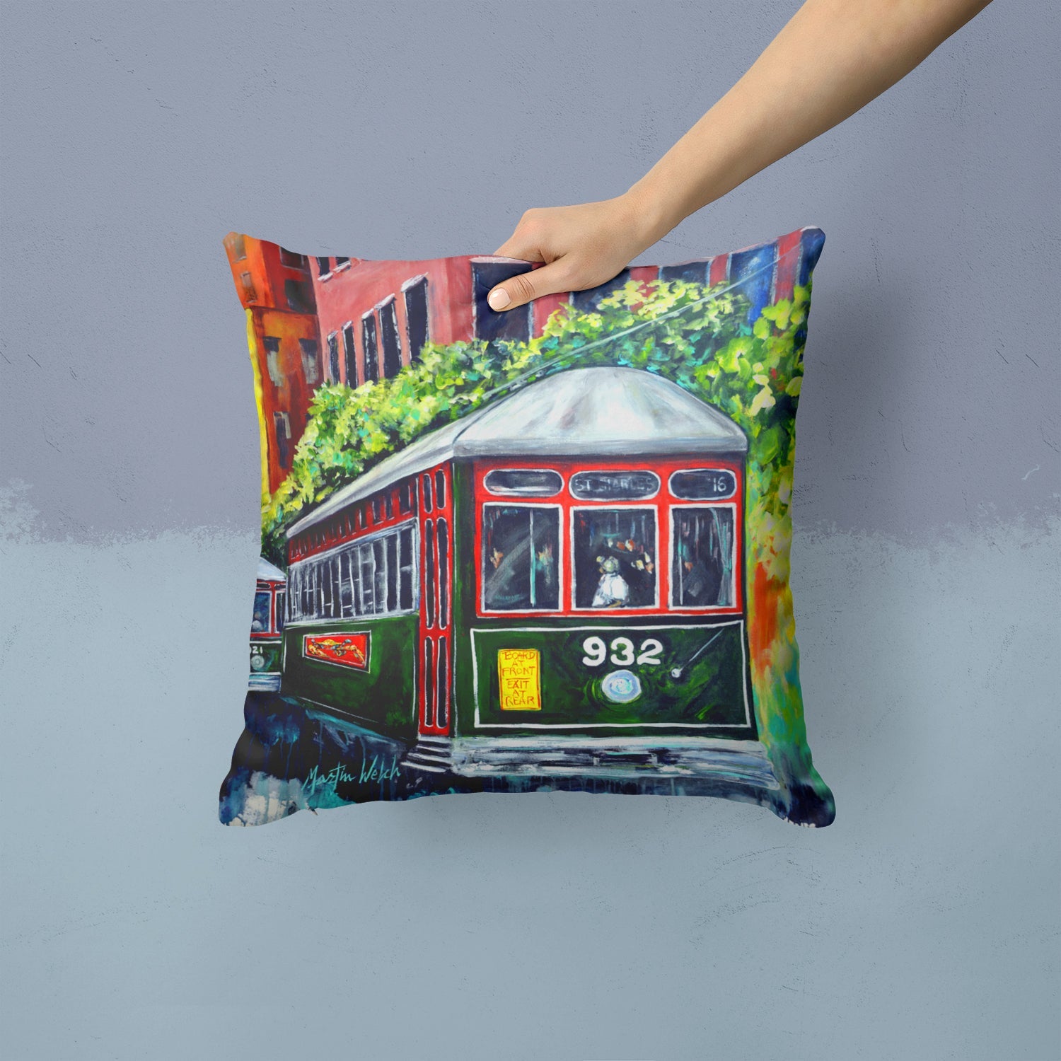 Streetcar St. Charles #2 Decorative Throw Pillow 14x14 Indoor Outdoor Accent Cushion, Fabric Cover with Insert for Sofa, Bed, Porch & Living Room
