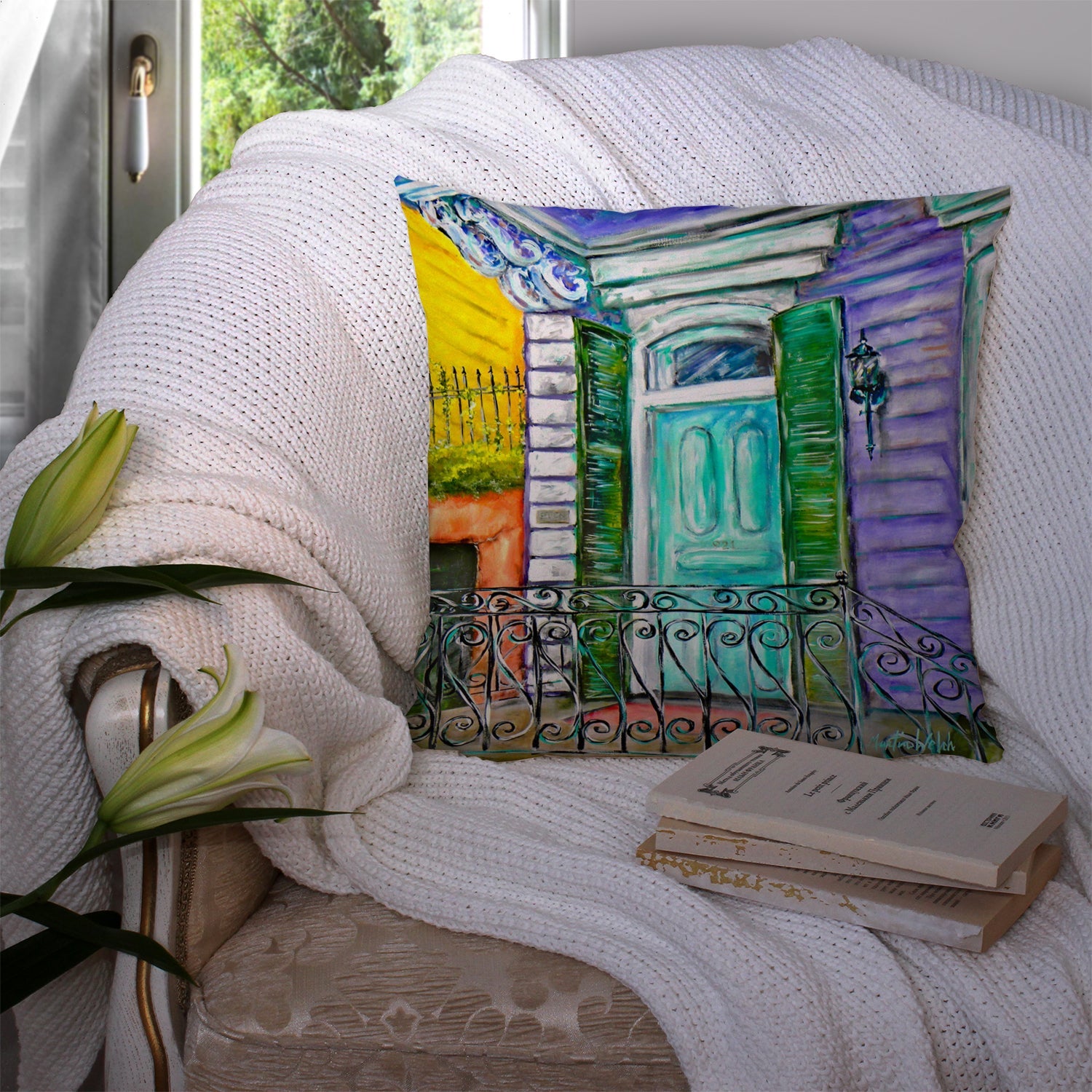 The House Next Door Decorative Throw Pillow 14x14 Indoor Outdoor Accent Cushion, Fabric Cover with Insert for Sofa, Bed, Porch & Living Room