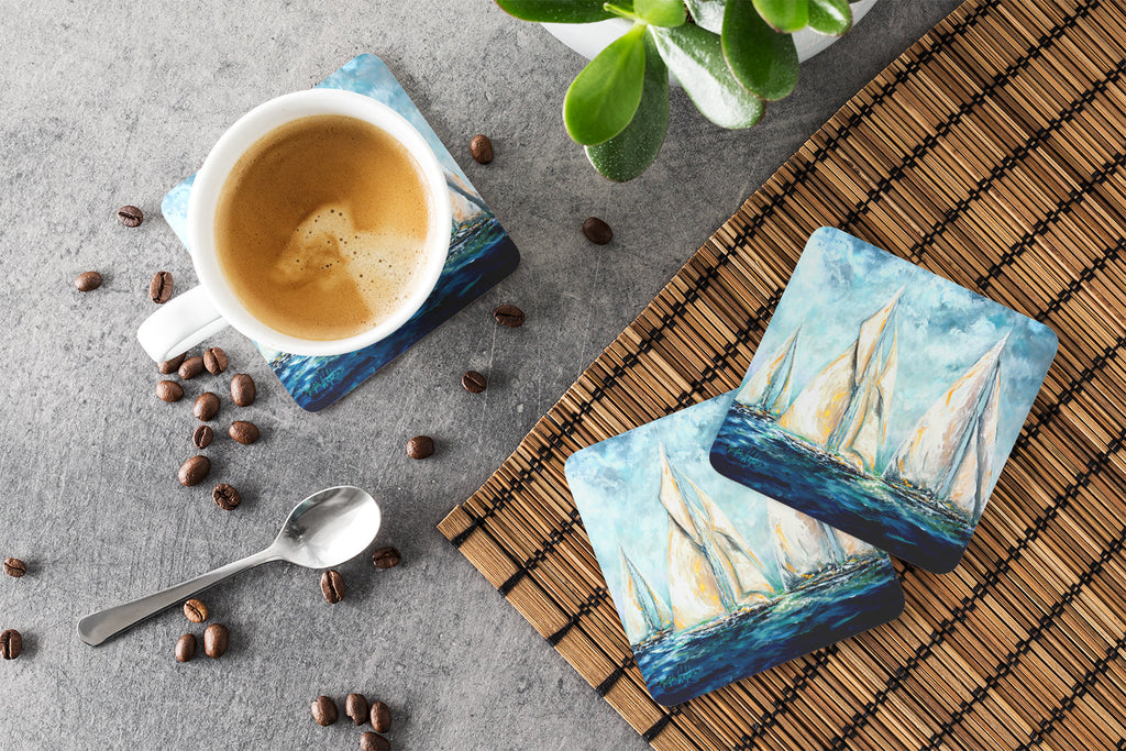Sailboats Last Mile Foam Coasters Set of 4 Cup Coasters for Indoor Outdoor, Tabletop Protection, Anti Slip, Mouse pad Material
