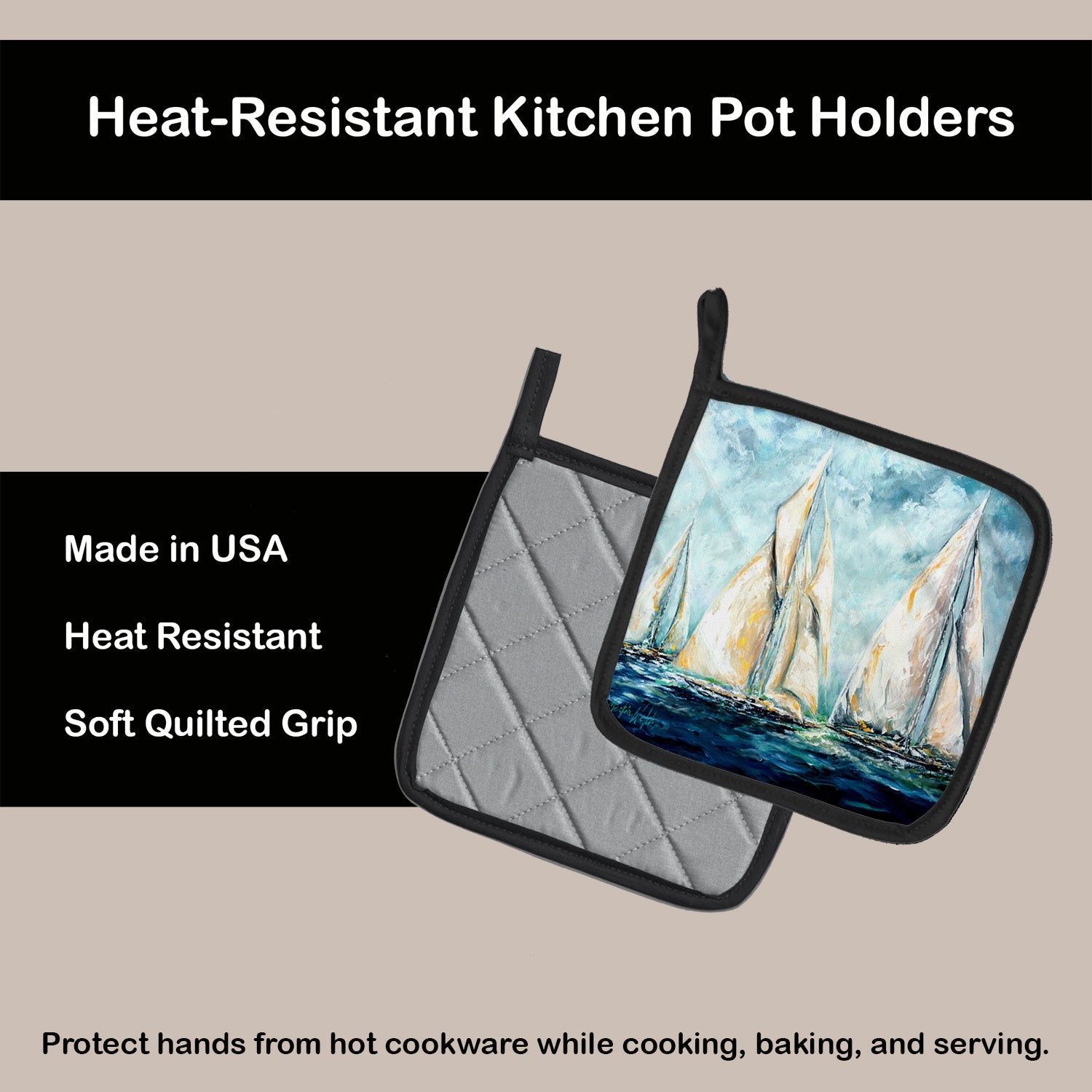 Sailboats Last Mile Pot Holder Set of 2 Heat Resistant Quilted Hot Pads 7.5 x 7.5 Inch, Insulated Kitchen Trivets for Cooking & Baking