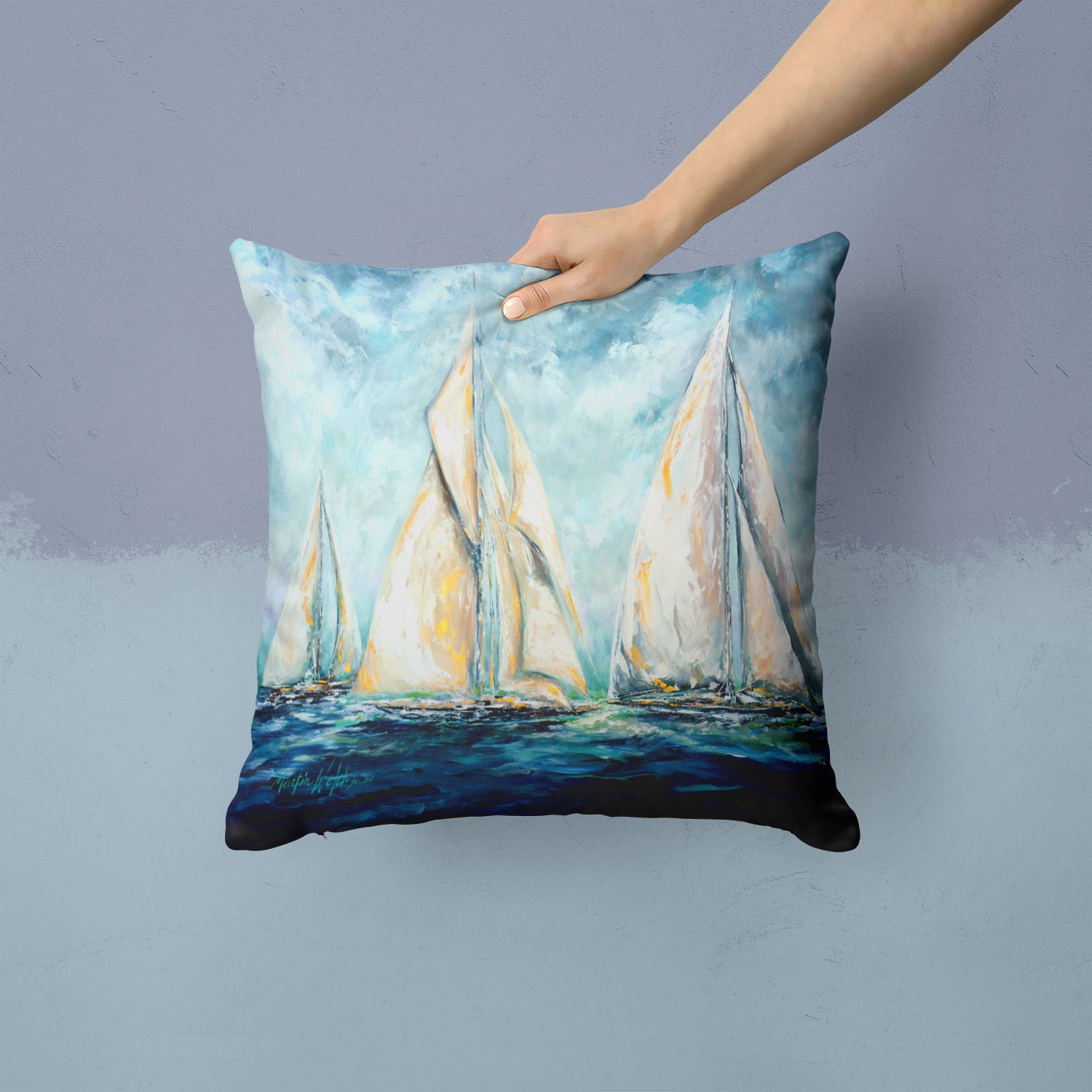 Sailboats Last Mile Decorative Throw Pillow 14x14 Indoor Outdoor Accent Cushion, Fabric Cover with Insert for Sofa, Bed, Porch & Living Room