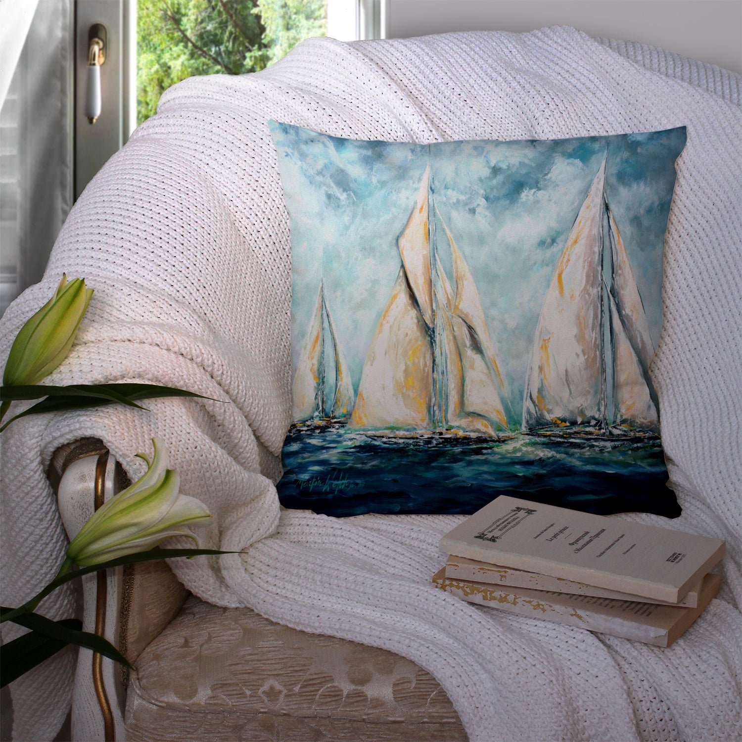 Sailboats Last Mile Decorative Throw Pillow 14x14 Indoor Outdoor Accent Cushion, Fabric Cover with Insert for Sofa, Bed, Porch & Living Room