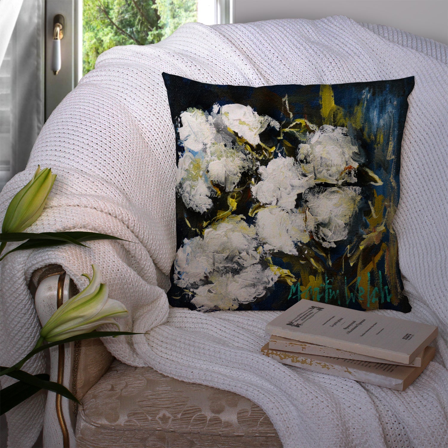 Three Boll Cotton Decorative Throw Pillow 14x14 Indoor Outdoor Accent Cushion, Fabric Cover with Insert for Sofa, Bed, Porch & Living Room