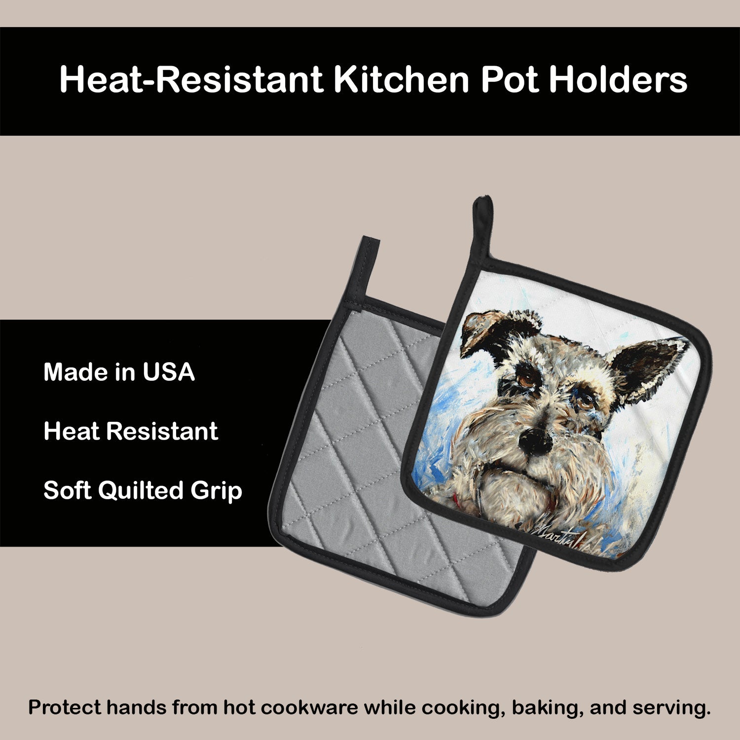 Schnauzer Whiter Beard Pot Holder Set of 2 Heat Resistant Quilted Hot Pads 7.5 x 7.5 Inch, Insulated Kitchen Trivets for Cooking & Baking