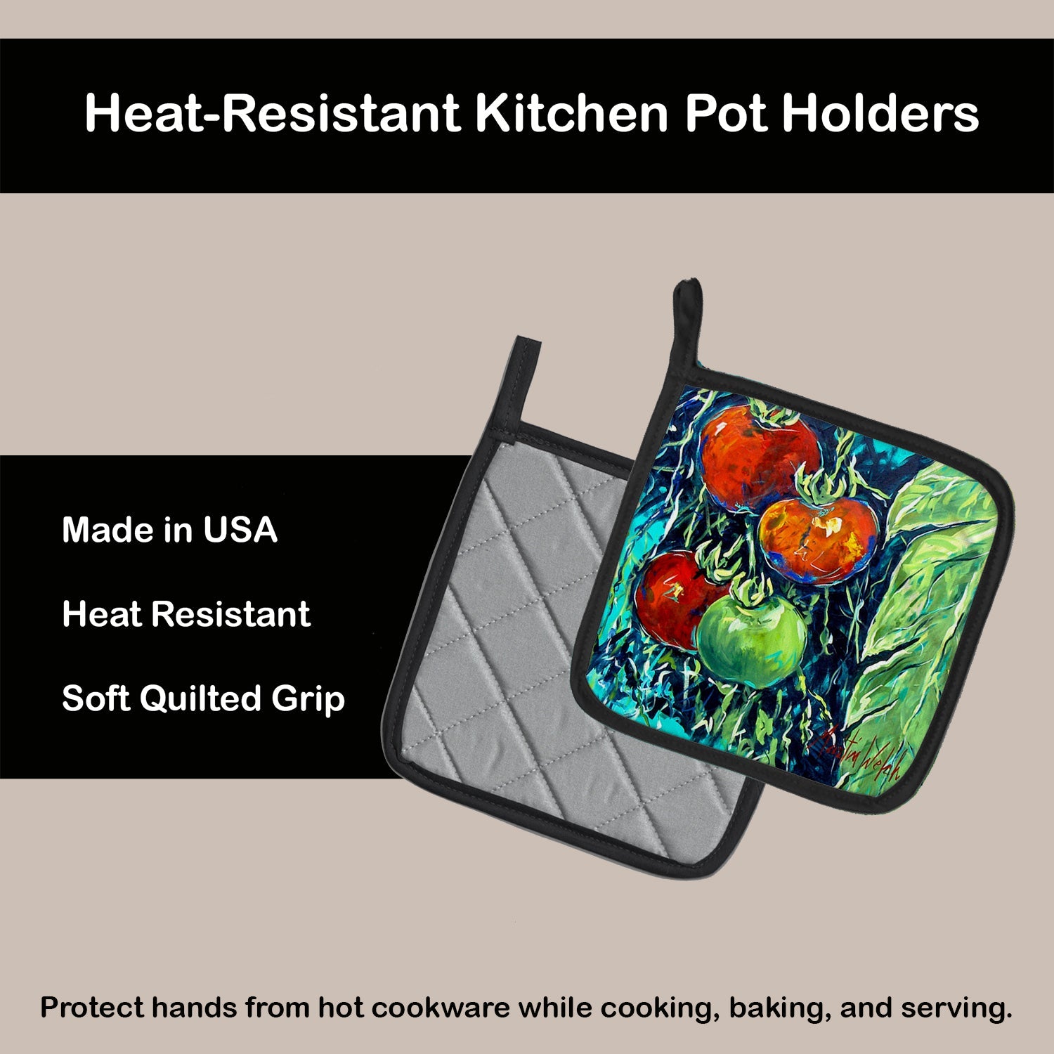 Tomatoe Tomato Pot Holder Set of 2 Heat Resistant Quilted Hot Pads 7.5 x 7.5 Inch, Insulated Kitchen Trivets for Cooking & Baking