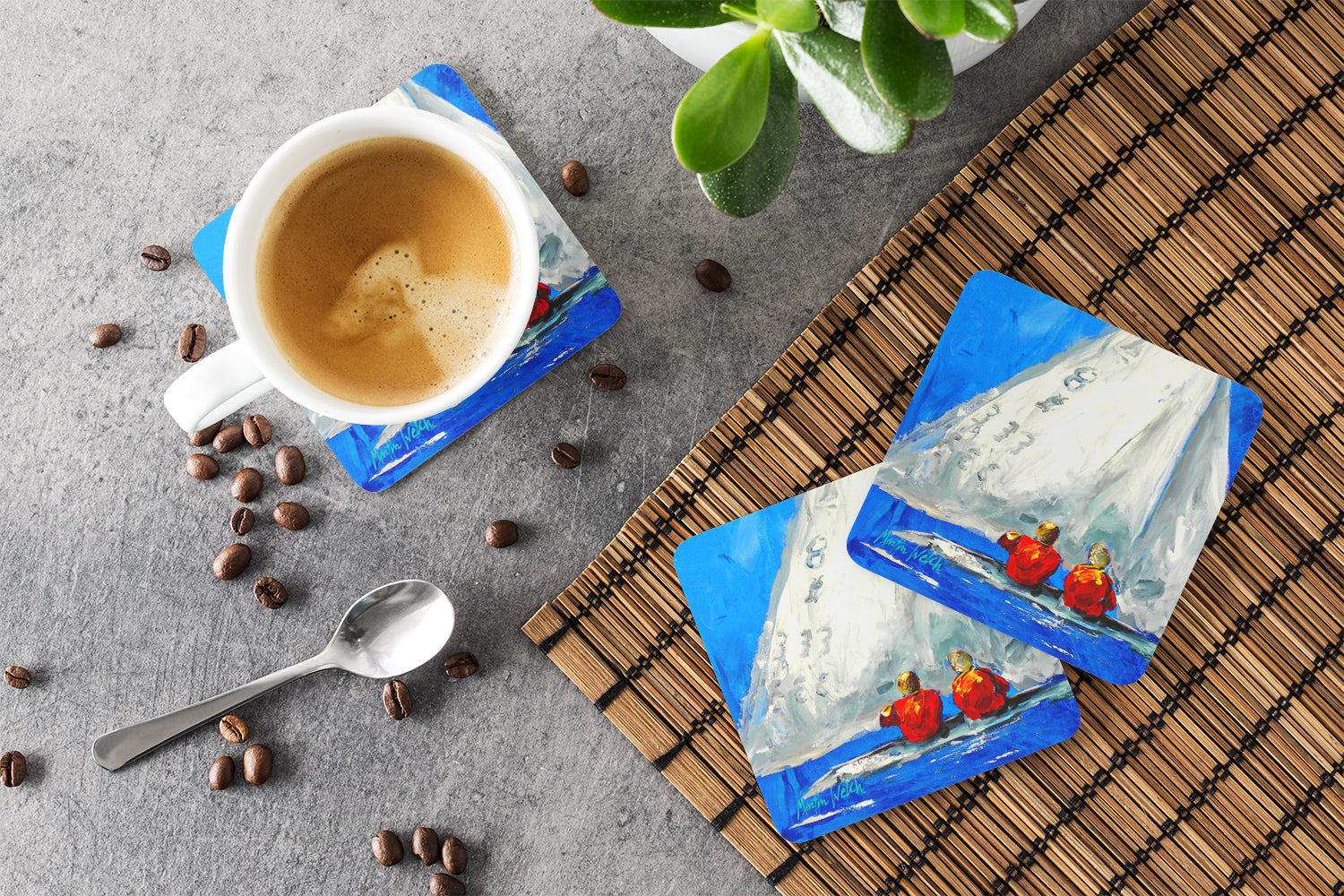 Sailboat Two's Company Foam Coasters Set of 4 Cup Coasters for Indoor Outdoor, Tabletop Protection, Anti Slip, Mouse pad Material