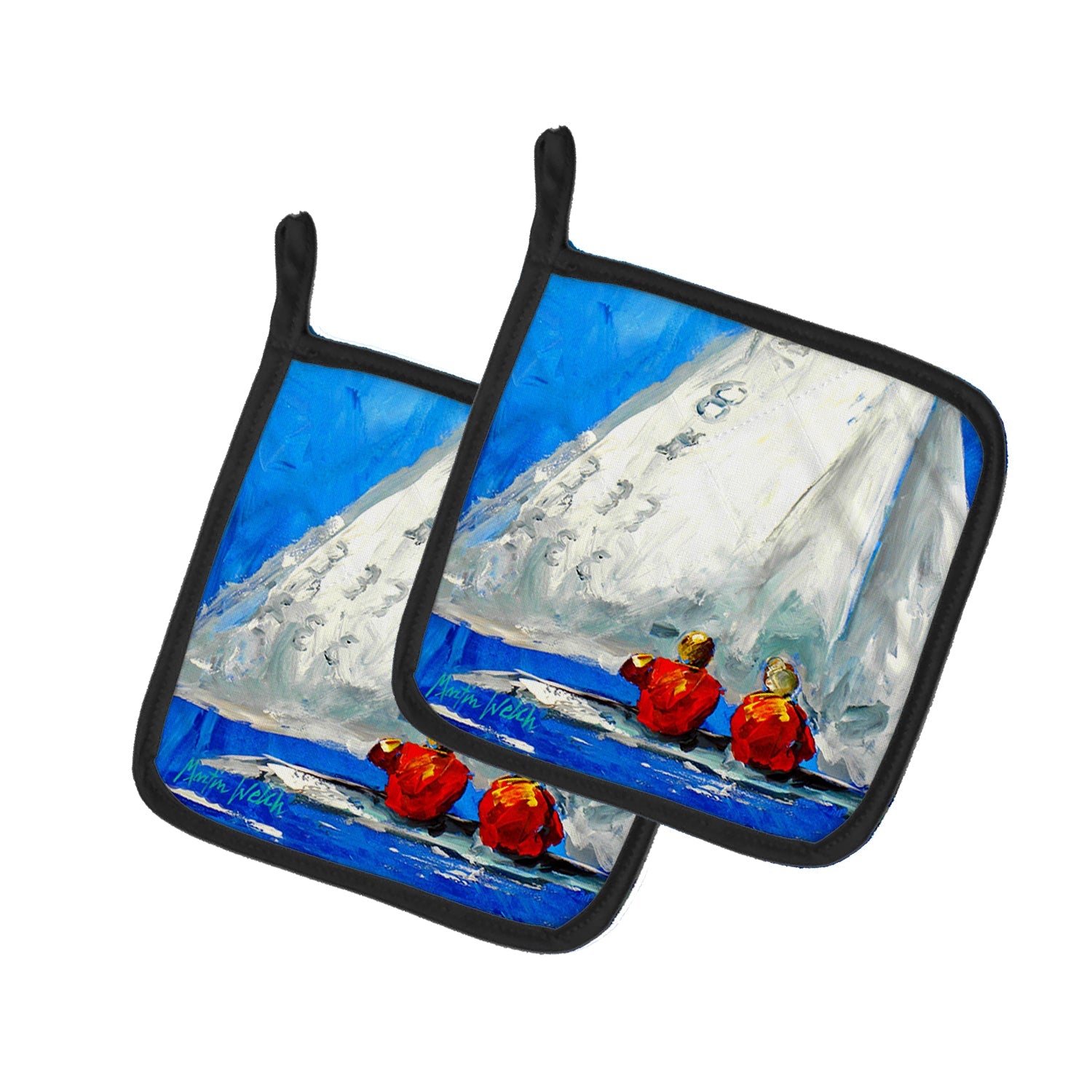 Sailboat Two's Company Pot Holder Set of 2 Heat Resistant Quilted Hot Pads 7.5 x 7.5 Inch, Insulated Kitchen Trivets for Cooking & Baking