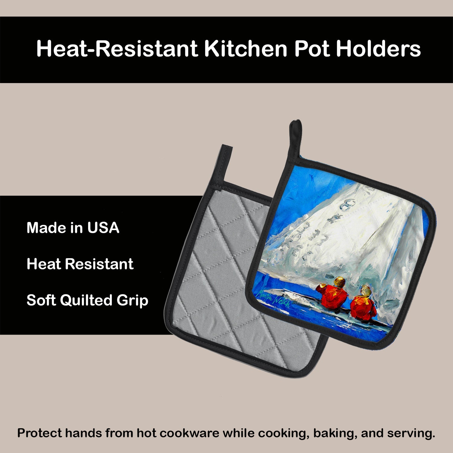 Sailboat Two's Company Pot Holder Set of 2 Heat Resistant Quilted Hot Pads 7.5 x 7.5 Inch, Insulated Kitchen Trivets for Cooking & Baking